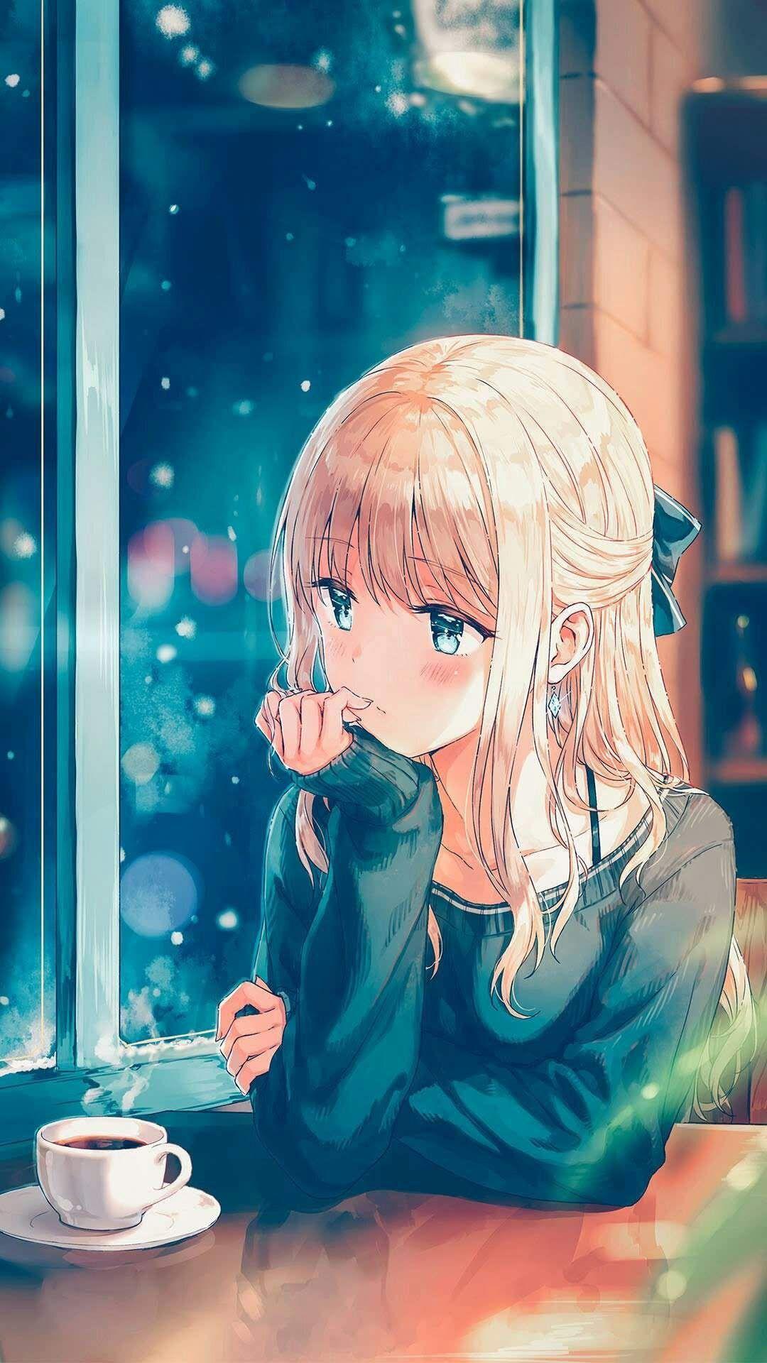 Hình nền Anime buồn 1080x1920 cho điện thoại di động - Cô gái anime uống cà phê - 1080x1920 - Tải xuống hình nền HD