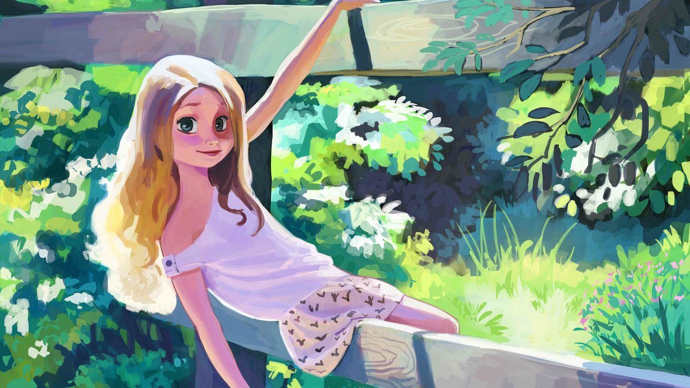 1366x768 Download wallpaper 1366x768 girl, art, summer, fence, walk tablet, laptop HD background
