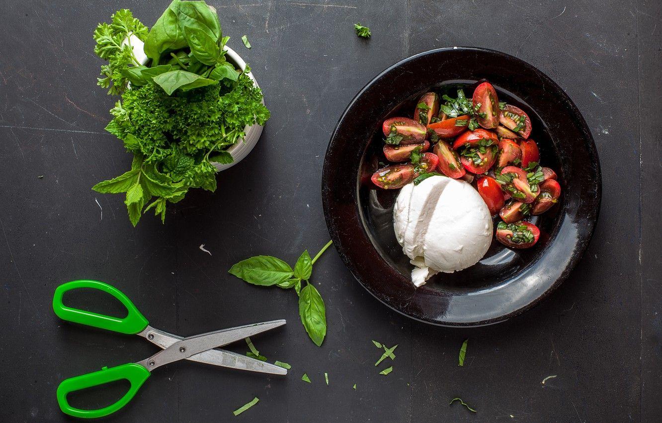 1332x850 Wallpaper food, tomatoes, mint, parsley, scissors, salad, arugula, mozzarella cheese image for desktop, section еда