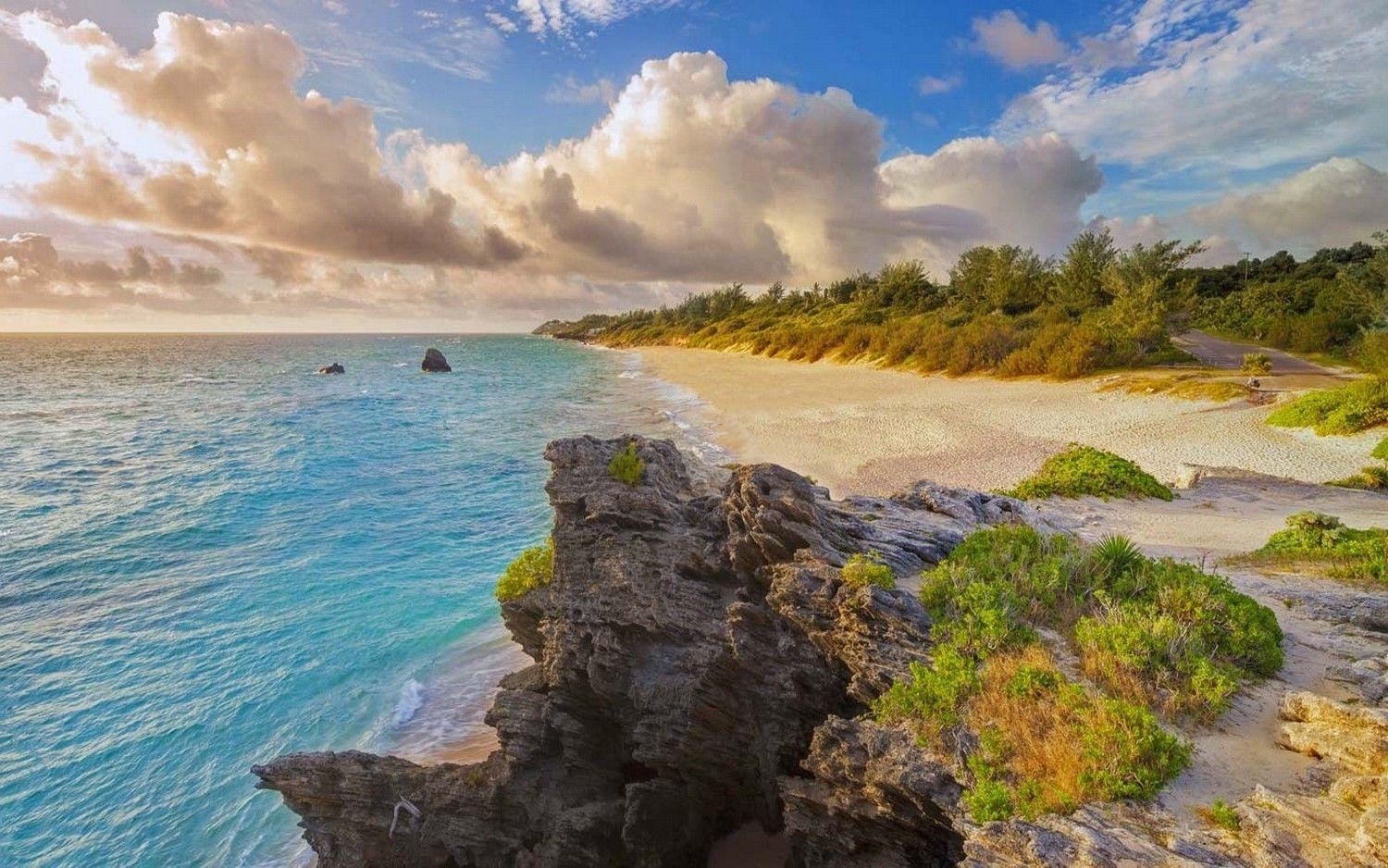 1500x938 nature, Landscape, Beach, Bermuda, Island, Sea, Sand, Clouds, Shrubs, Road, Rock, Water Wallpaper HD / Desktop and Mobile Background