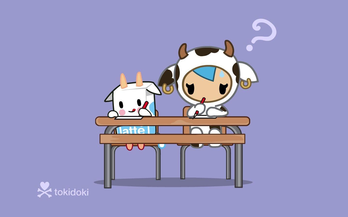 1440x900 Mozzarella studying with his cute milk friend. Cartoon wallpaper, Tokidoki, Kawaii wallpaper
