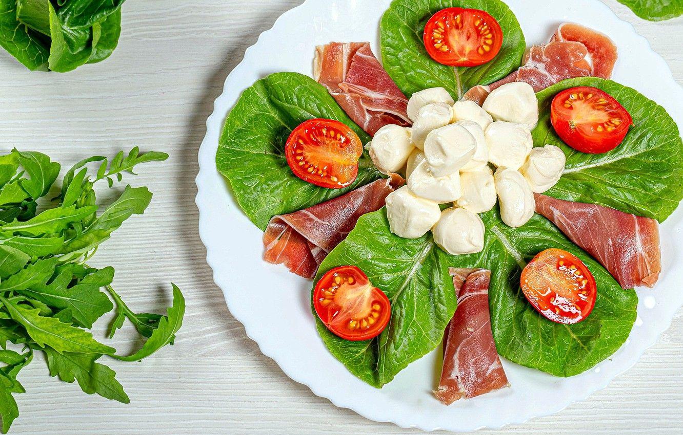 1332x850 Wallpaper greens, cheese, meat, tomatoes, tomatoes, cutting, mozzarella cheese image for desktop, section еда