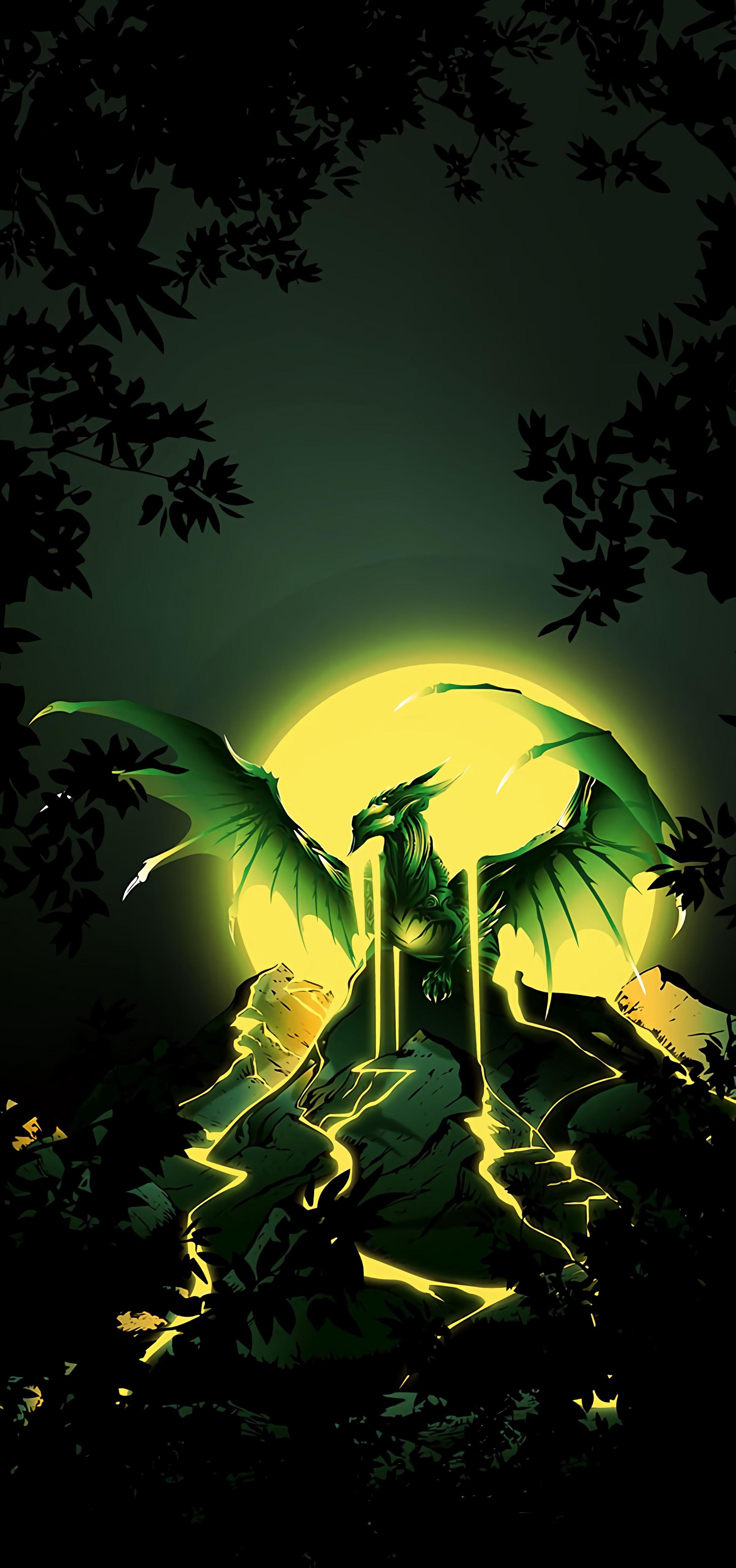 2400x5112 Download wallpaper 2400x5112 dragon, wings, mountains, the moon, art HD background