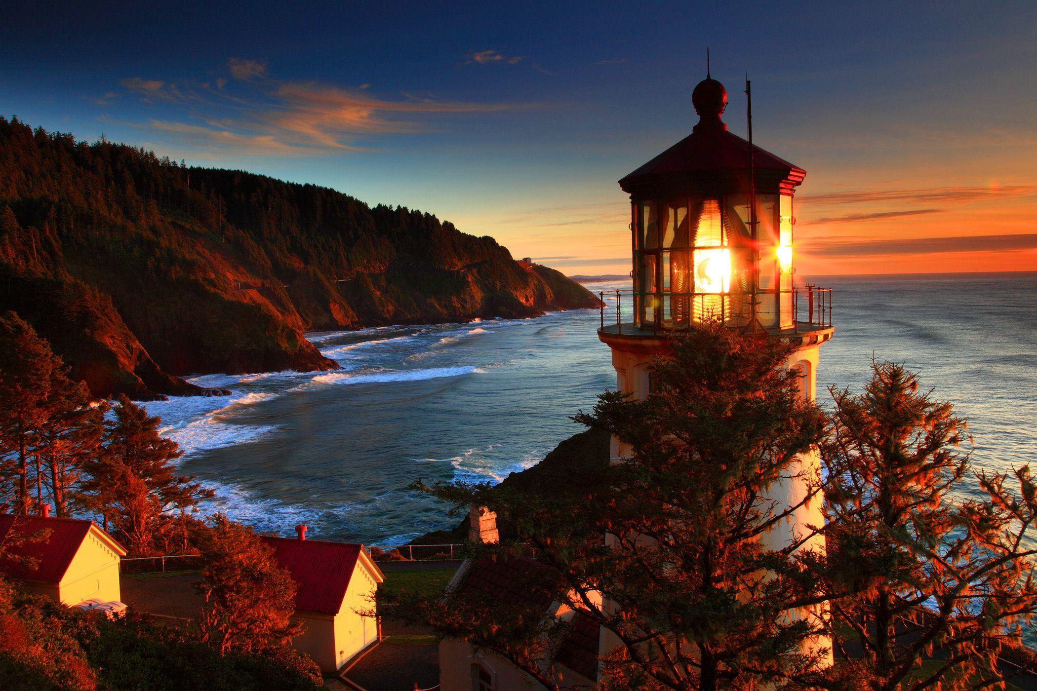 2100x1400 Oregon Coast sea lighthouse sunset landscape ocean sunrise autumn wallpaperx1400. Oregon coast, Lighthouse, Cool places to visit