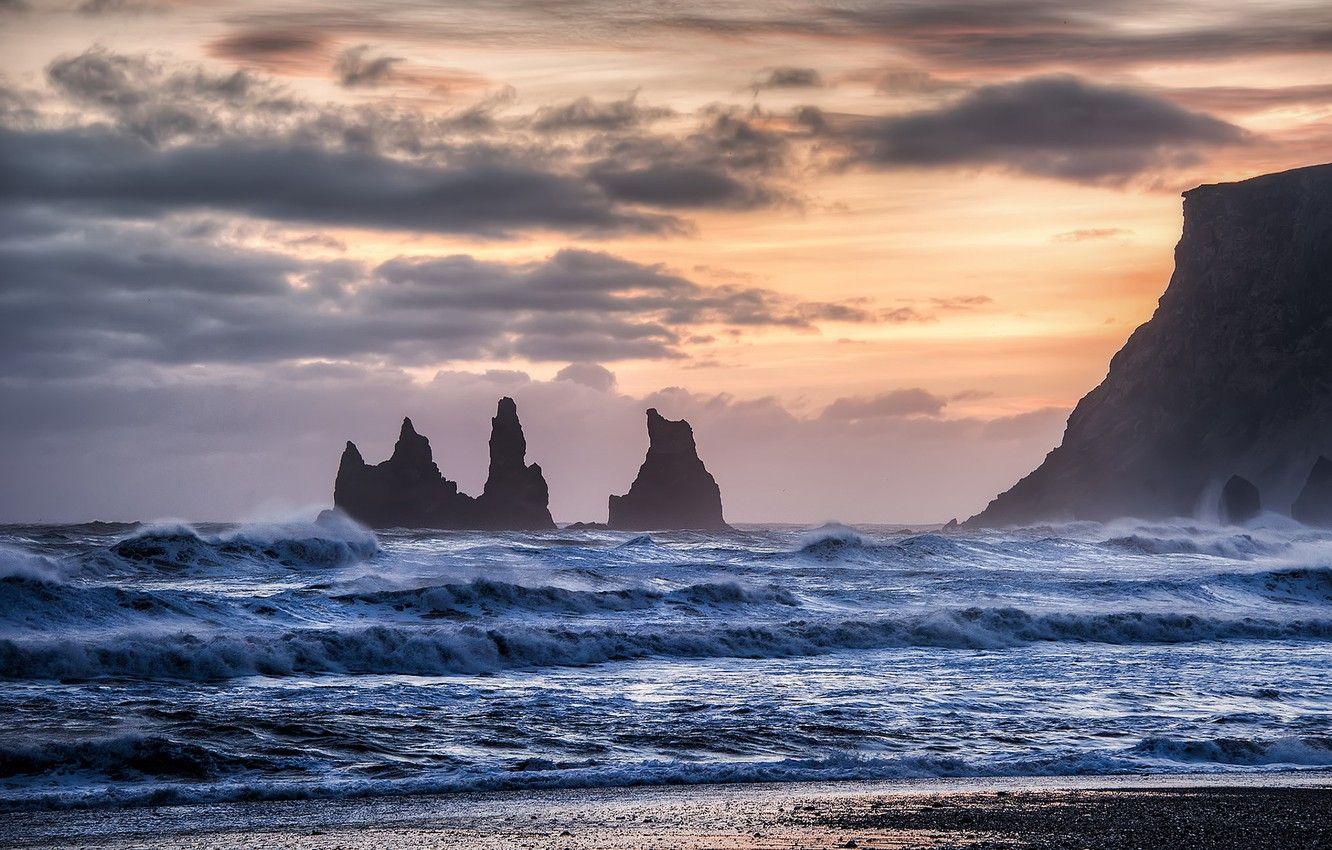 1332x850 Wallpaper waves, Oregon, ocean, rocks, sunrise image for desktop, section пейзажи