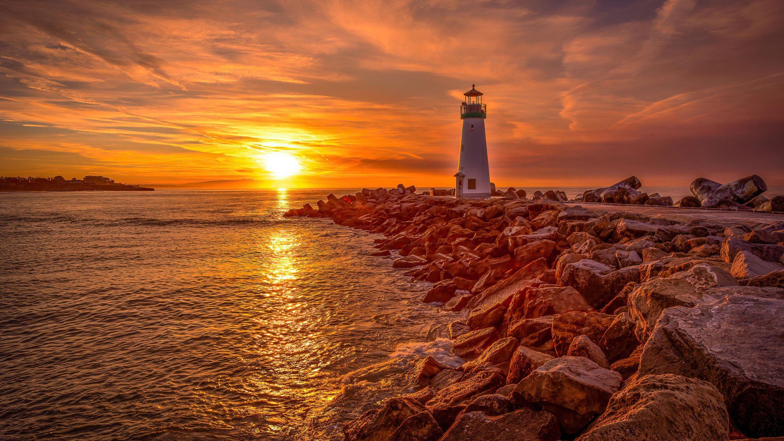 2560x1440 Lighthouse Sunrise And Sunset 4K HD desktop wallpaper : Widescreen : High Definition