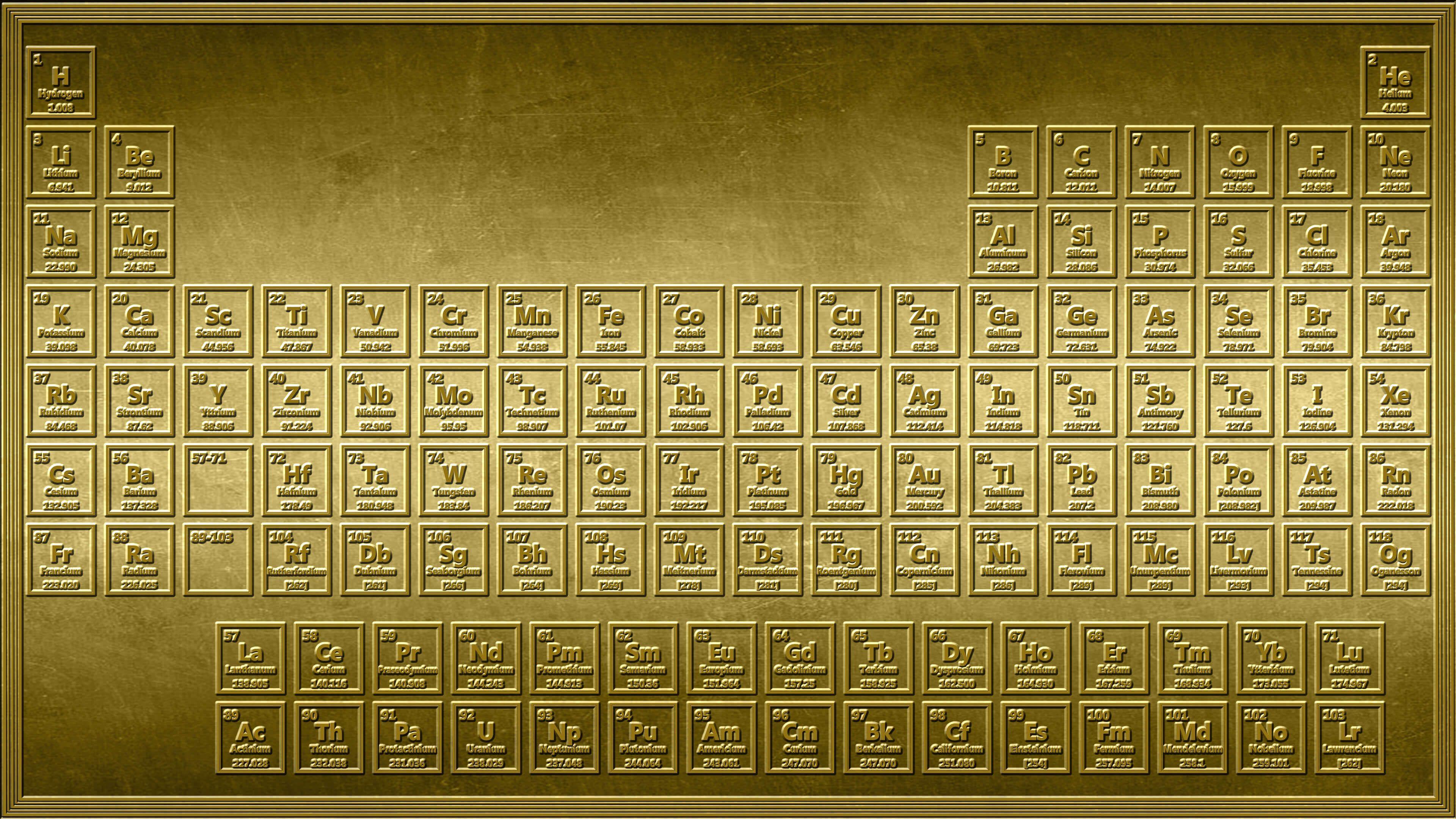 3840x2160 Shiny! This 4K gold periodic table wallpaper looks as if it were stamped into a sheet of solid gold. Contain. Periodic table, Periodic table of the elements, Gold
