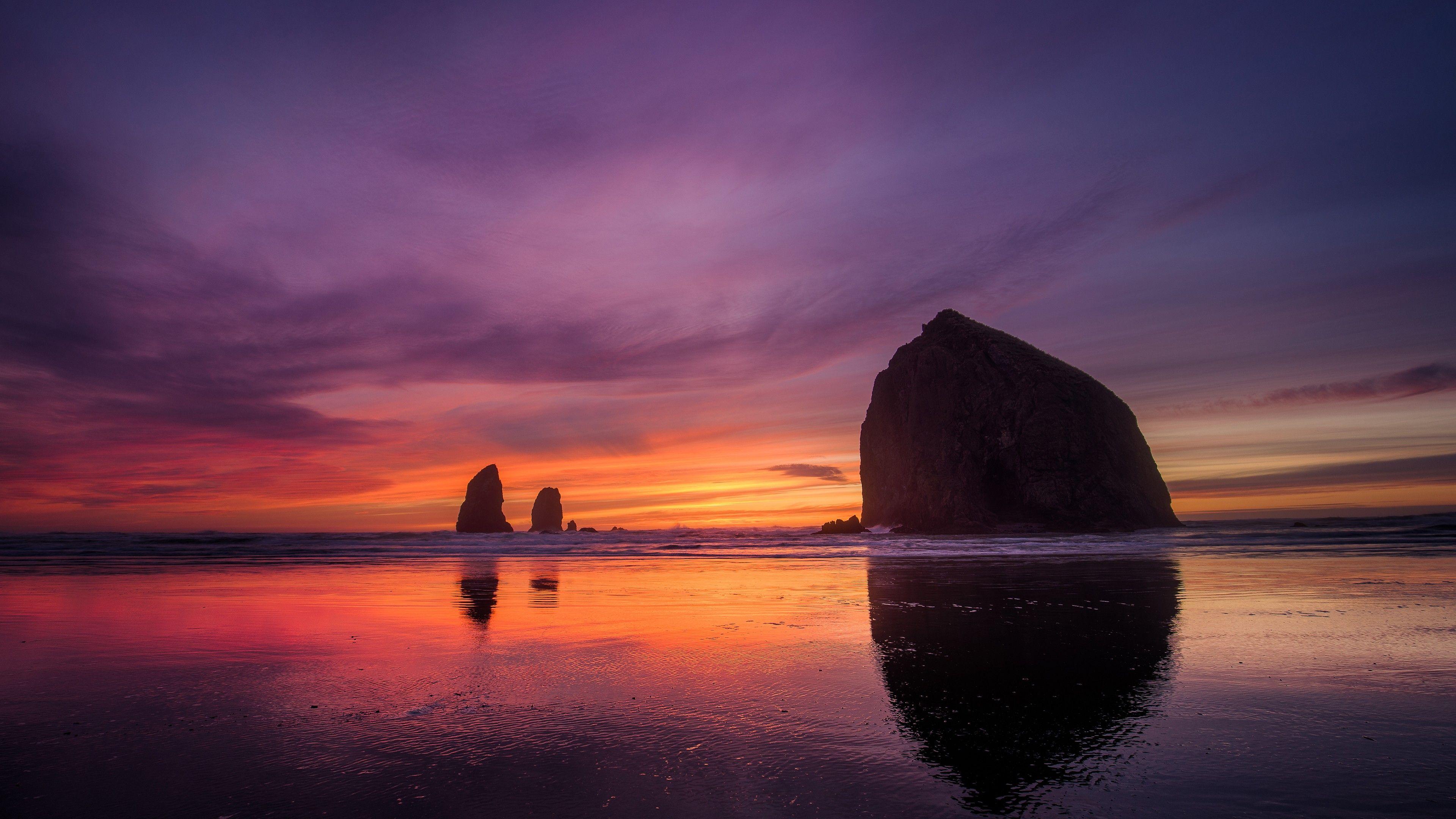 3840x2160 Wallpaper Oregon Coast, Sunset, Beach, Purple sky, 4K, Nature / Most Popular,. Wallpaper for iPhone, Android, Mobile and Desktop