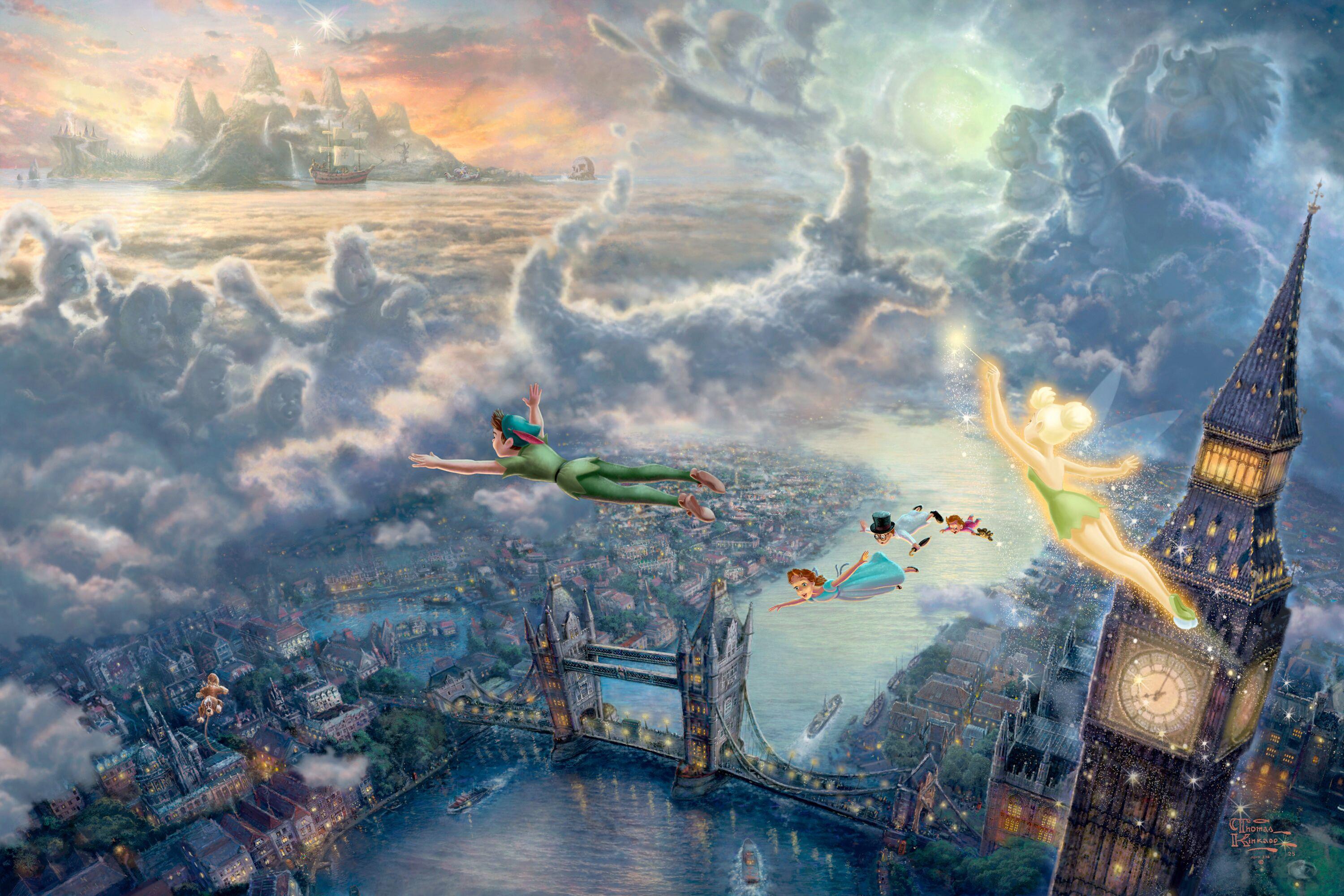 3000x2000 thomas kinkade, the disney dreams collection, tinkerbell and peter pan fly to neverland desktop wallpaper 29553