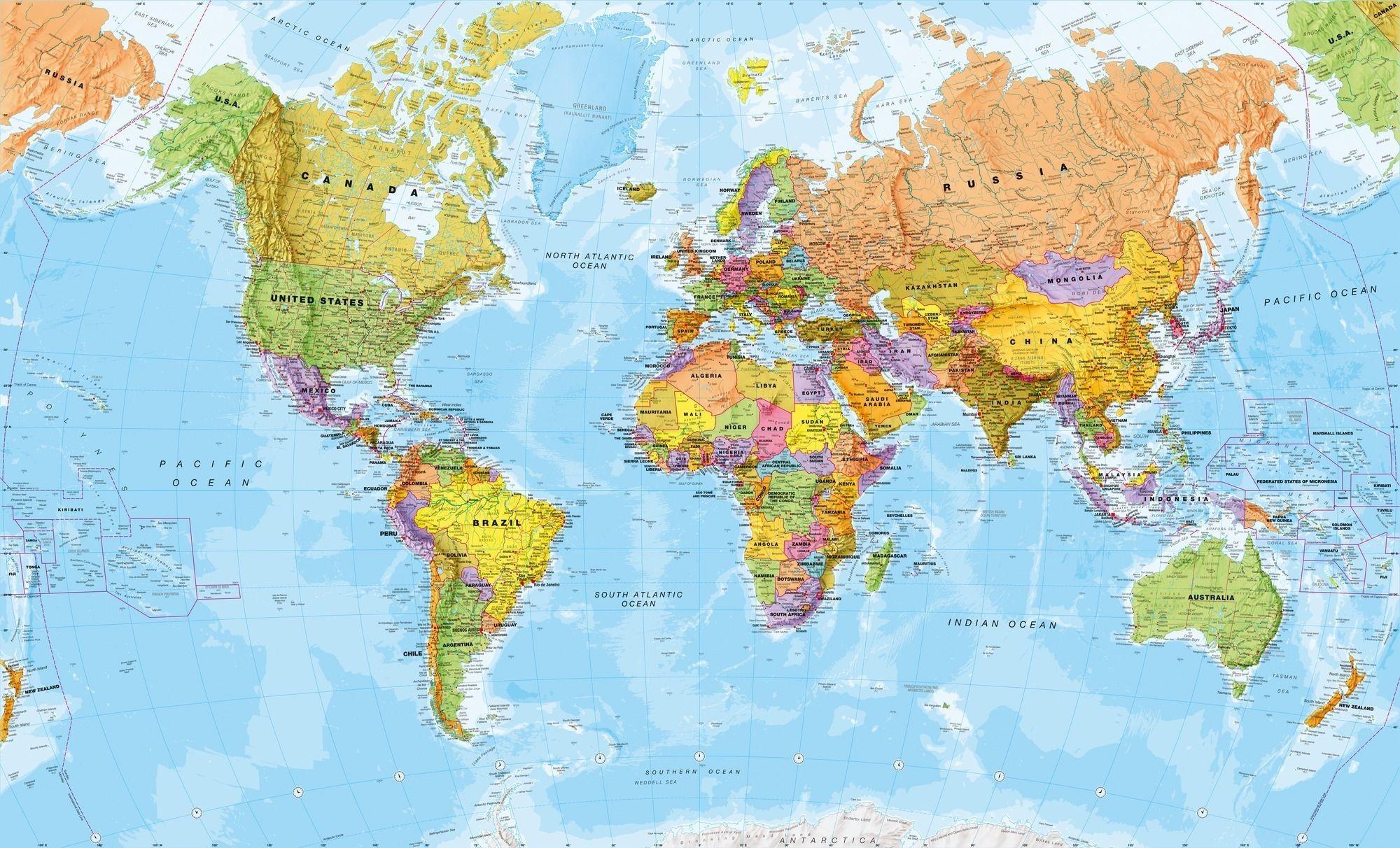 2000x1212 Bản đồ thế giới đầy màu sắc Hình nền Bản đồ thế giới chính trị mới Bức tranh tường