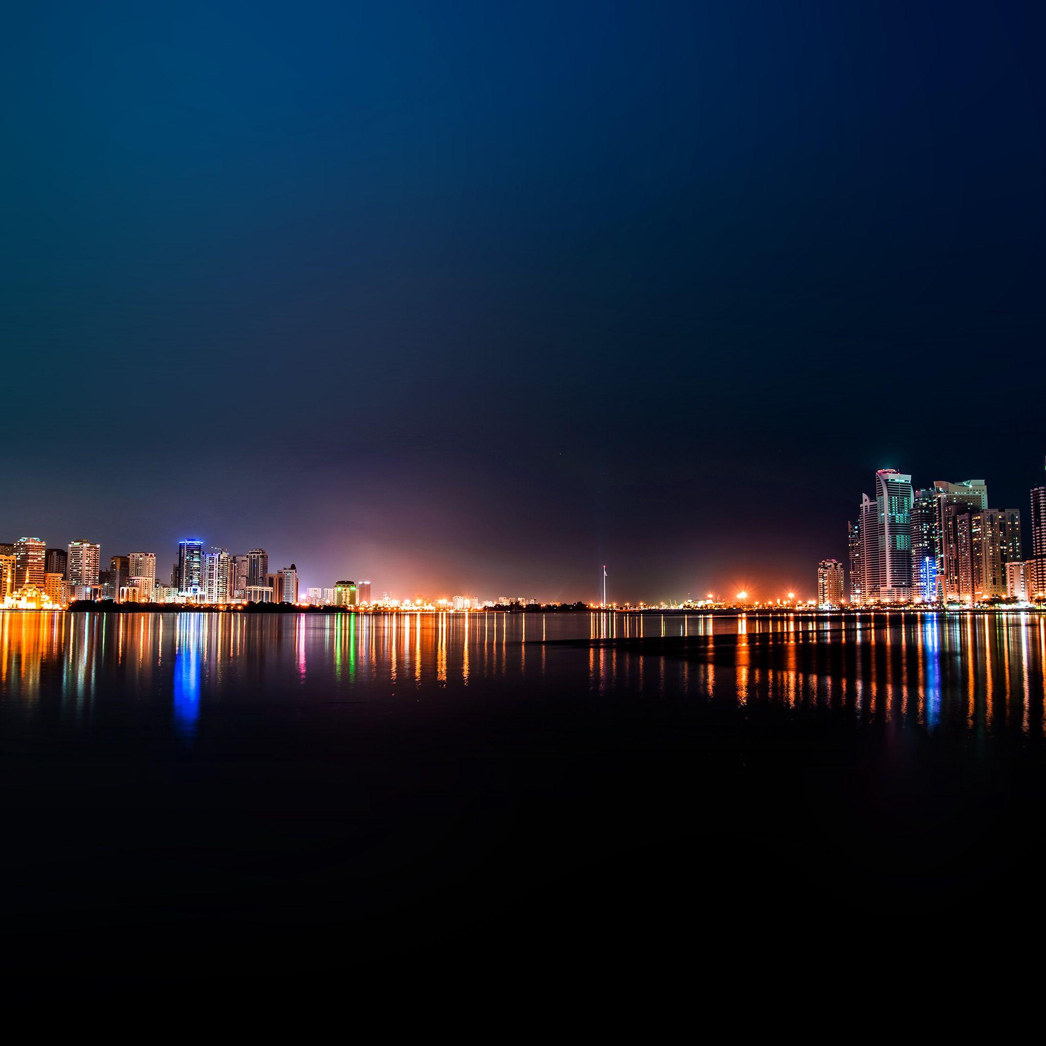 2048x2048 City Water River Night Light Bokeh Romantic Wallpaper
