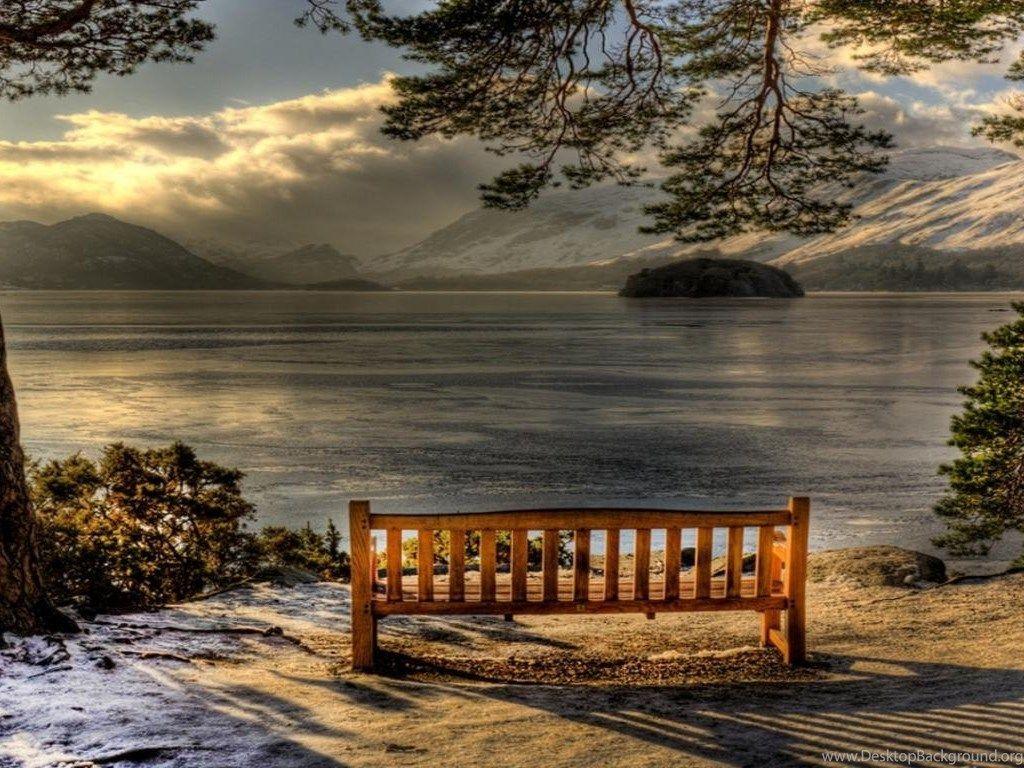 1024x768 Wallpaper Romantic Snow Free HD Awesome Water Landscape And Bench. Desktop Background