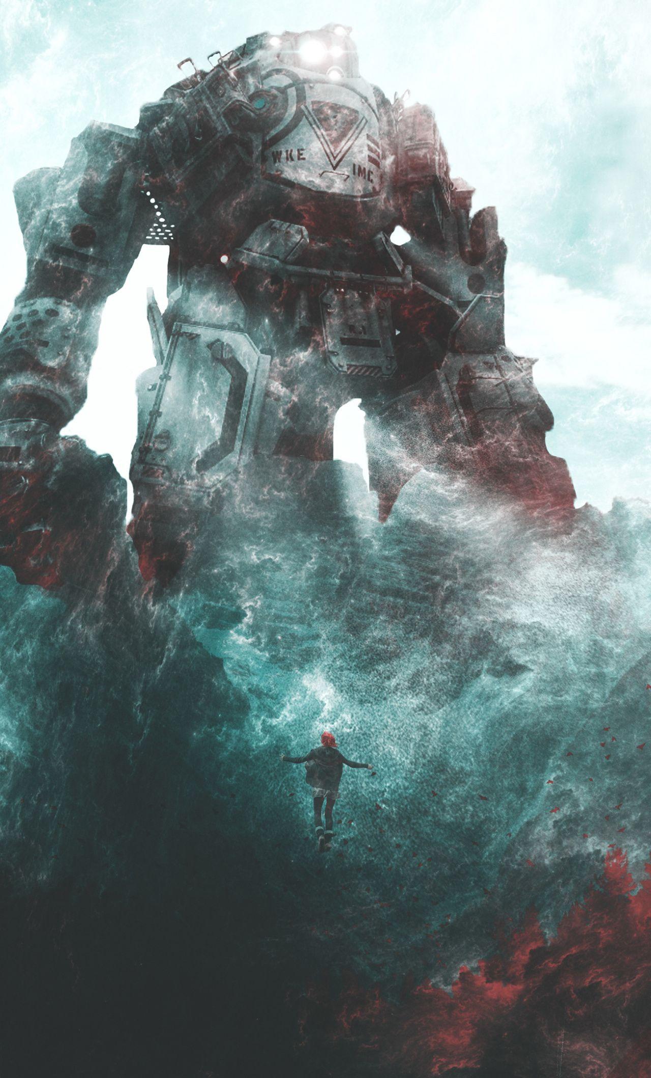 1280x2120 Download Giant robot, fantasy, girl, clouds, artwork wallpaper, 1280x iPhone 6 Plus