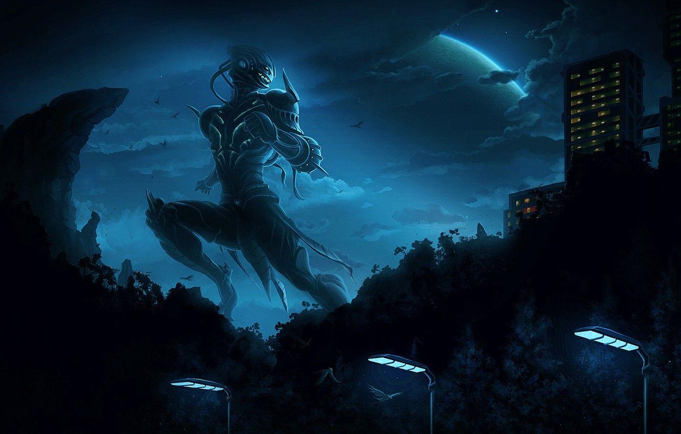 1332x850 Wallpaper clouds, night, the city, house, fiction, planet, robot, mountain, lantern, giant image for desktop, section фантастика