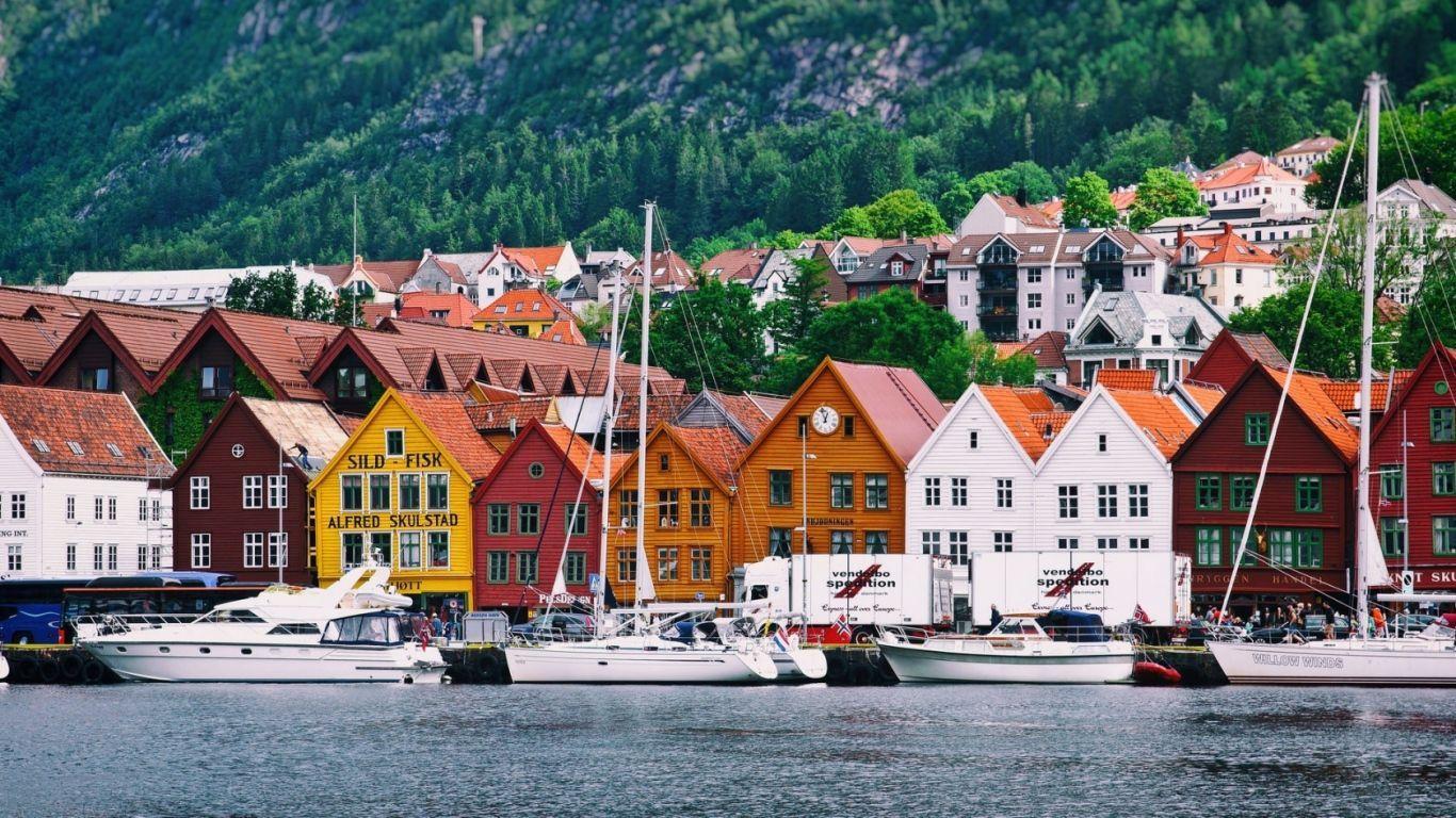 1366x768 Wallpaper norway, home, sea, boats, mountains. Bergen norway, Norway, Places around the world