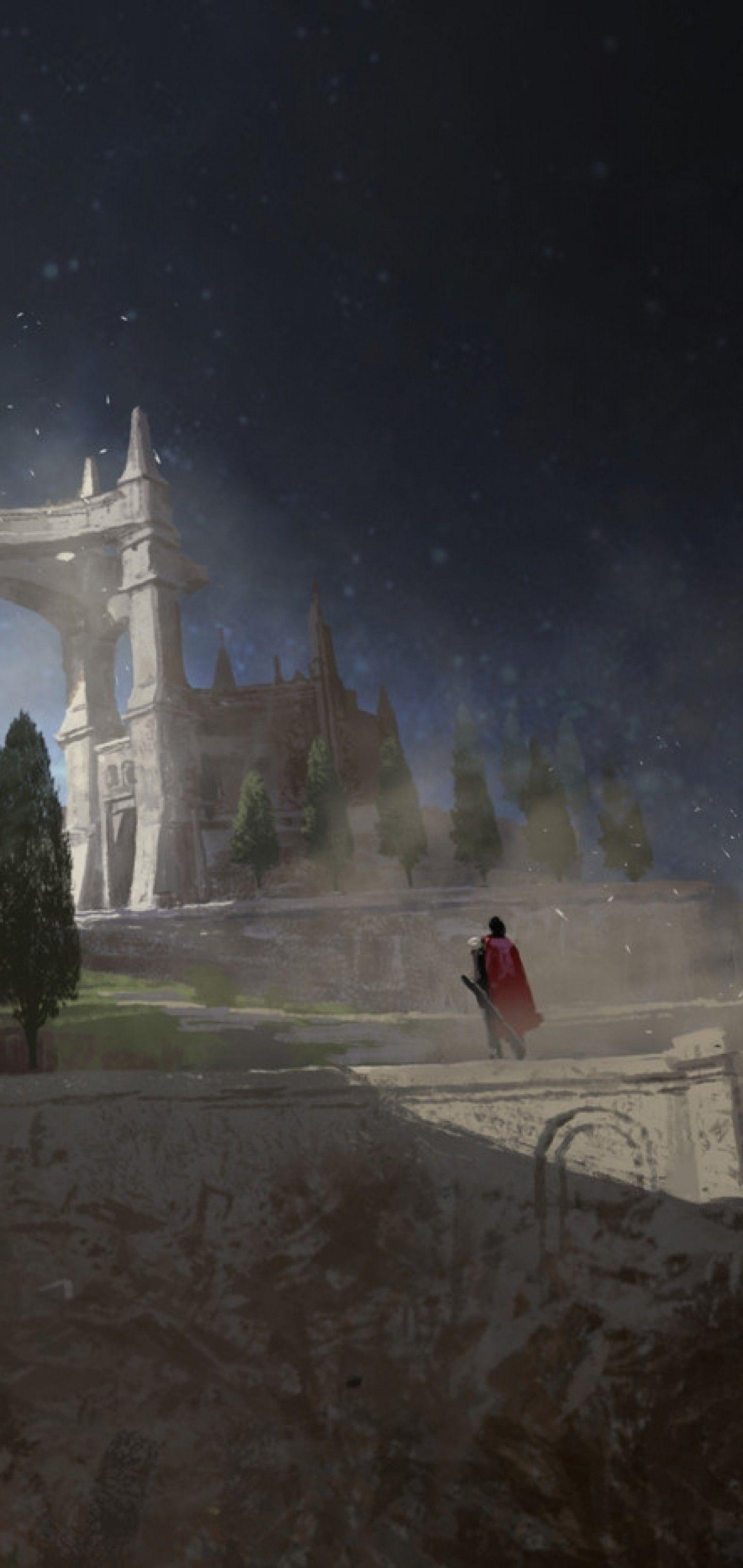 1440x3040 Download 1440x3040 Fantasy Castle, Knight, Artwork, Medieval, Trees, Cape, Sword Wallpaper for Samsung Galaxy S10 Plus