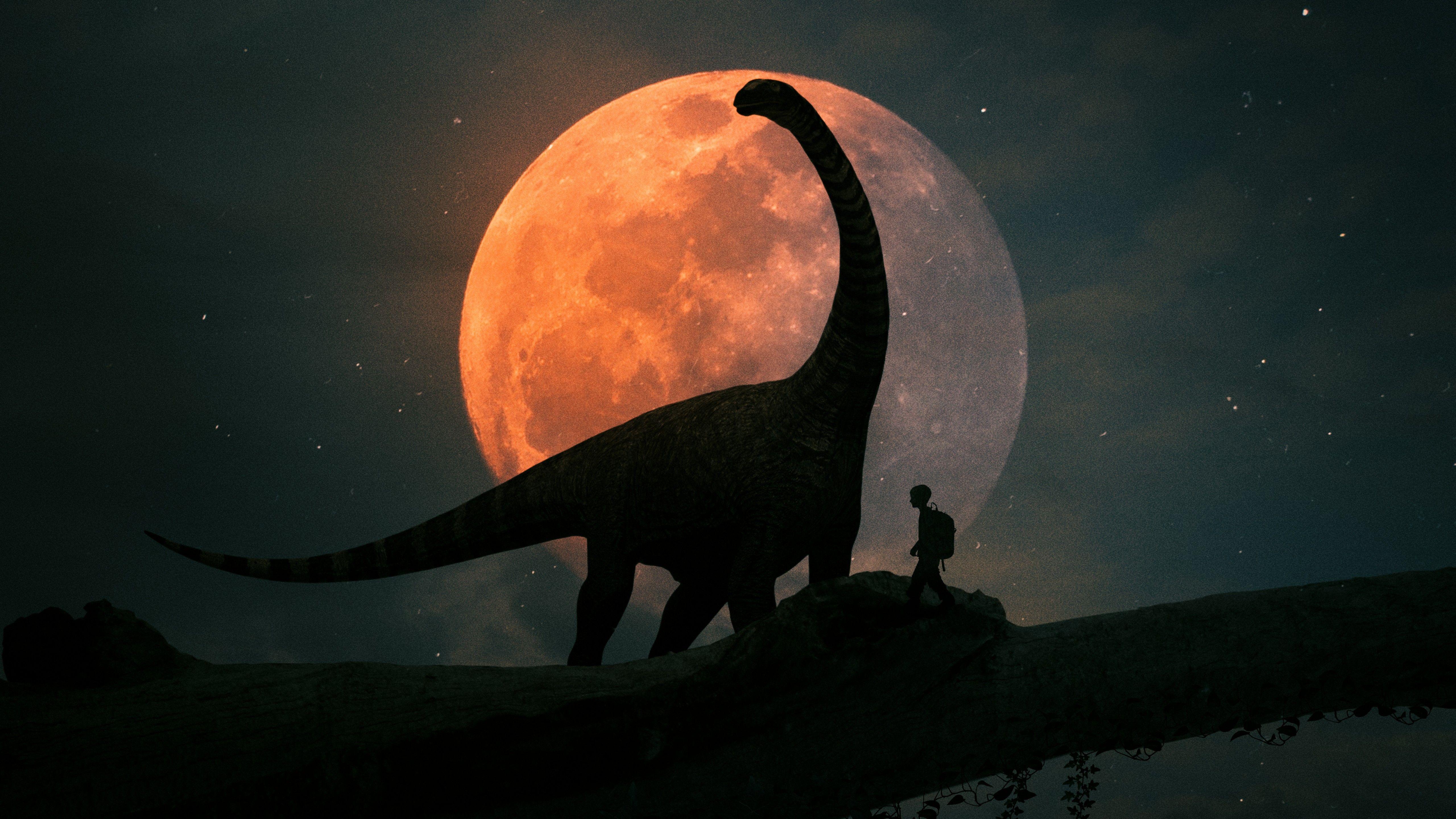 5120x2880 Dinosaur 4K Wallpaper, Kid, Night, Travel, Discover, Moon, Silhouette, Graphics CGI