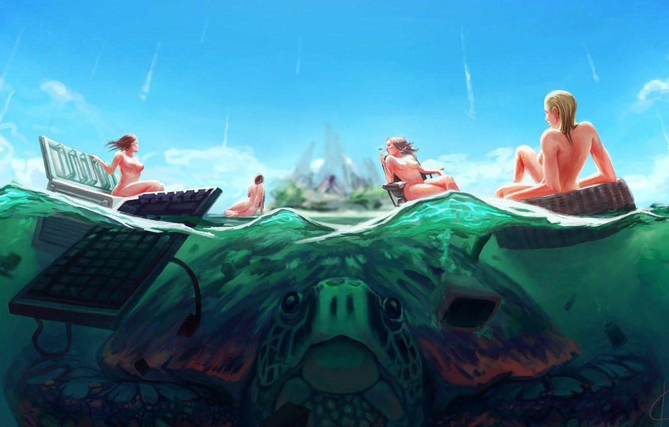 1332x850 Wallpaper sea, girls, island, turtle, chair, art, refrigerator, keyboard, giant image for desktop, section ситуации