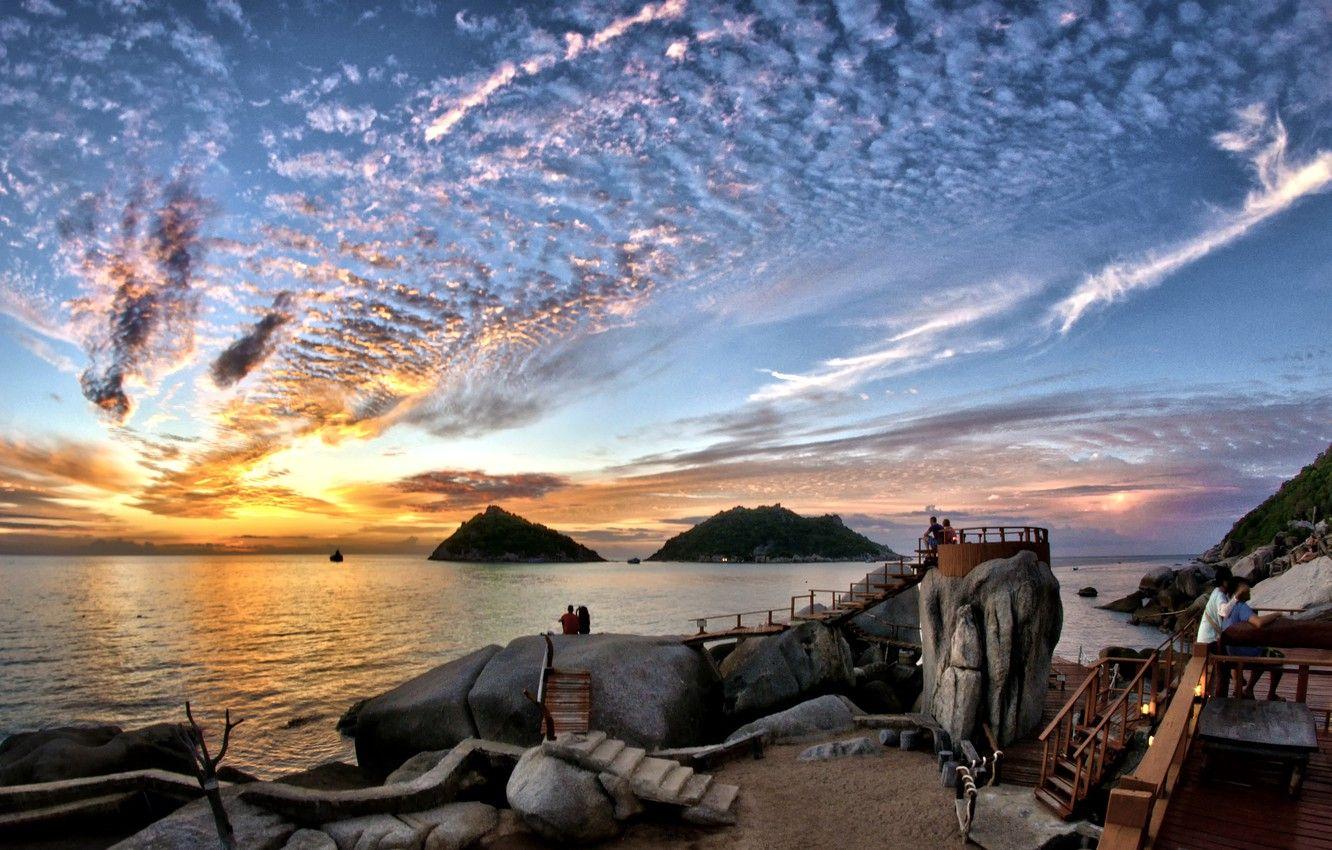 1332x850 Wallpaper the sky, clouds, sunset, stones, shore, the evening, cafe, Thailand, The Gulf of Thailand, visitors, the island of Koh Tao, a Paradise for travelers, the observation deck, Turtle island image for