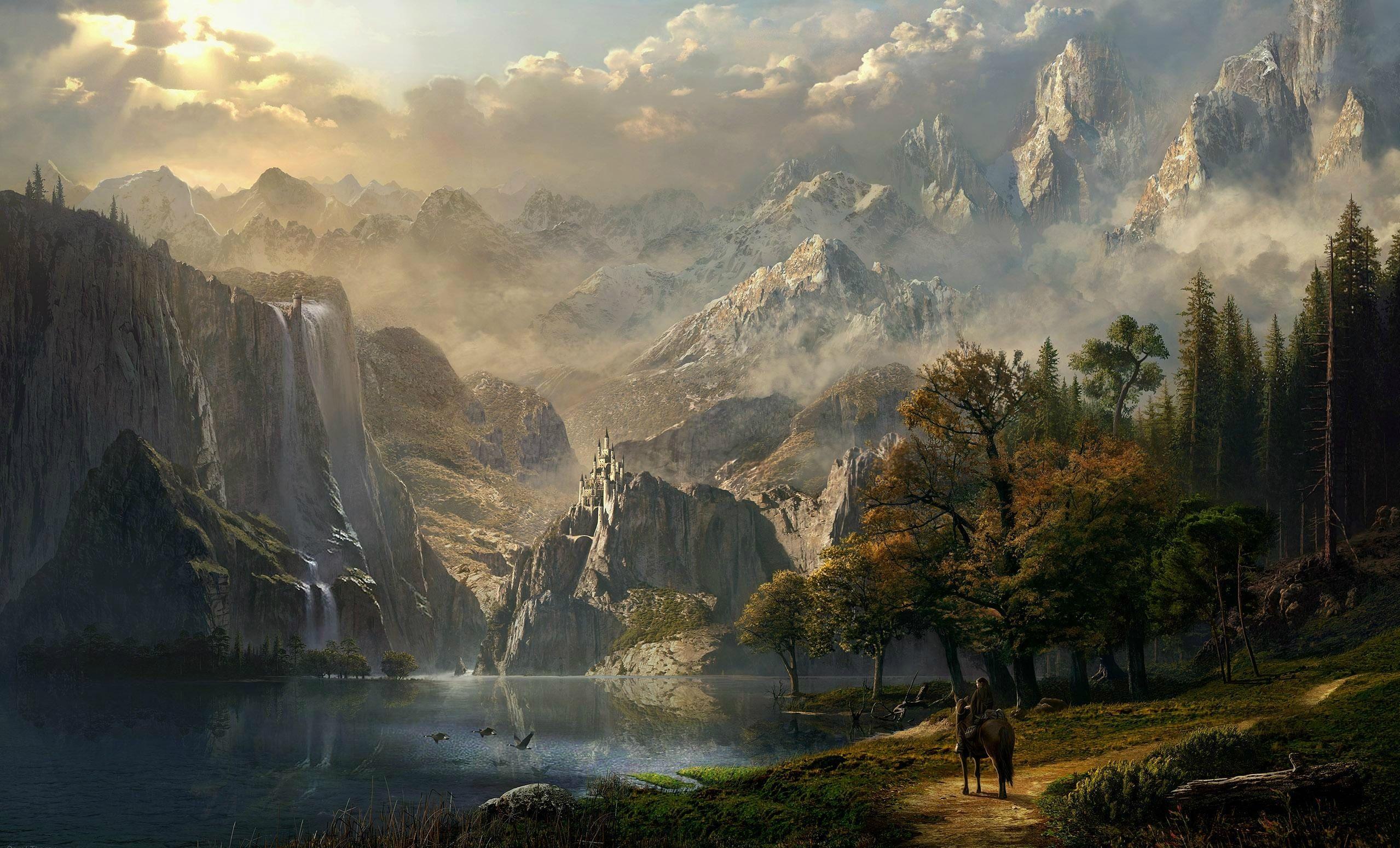 2558x1550 View of the Castle across the Lake Computer Wallpaper, Desktop Backgroundx1550. Fantasy landscape, Landscape wallpaper, Landscape art
