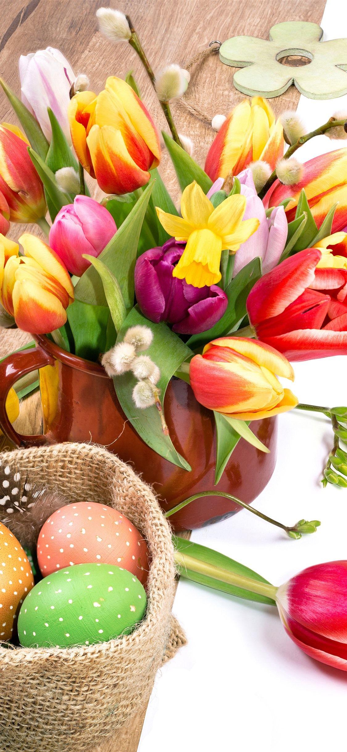 1125x2436 Easter, Cup, Colorful Tulip Flowers, Eggs 1125x2436 IPhone 11 Pro XS X Wallpaper, Background, Picture, Image
