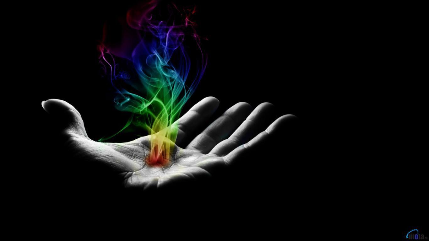 1366x768 Download wallpaper: on black background, download photo, rainbow smoke, wallpaper for desktop