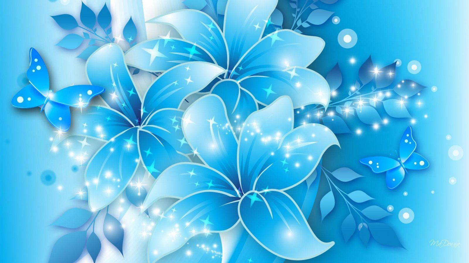 1600x900 Blue Butterflies Blue Lilies HD desktop wallpaper : Widescreen : High Definition