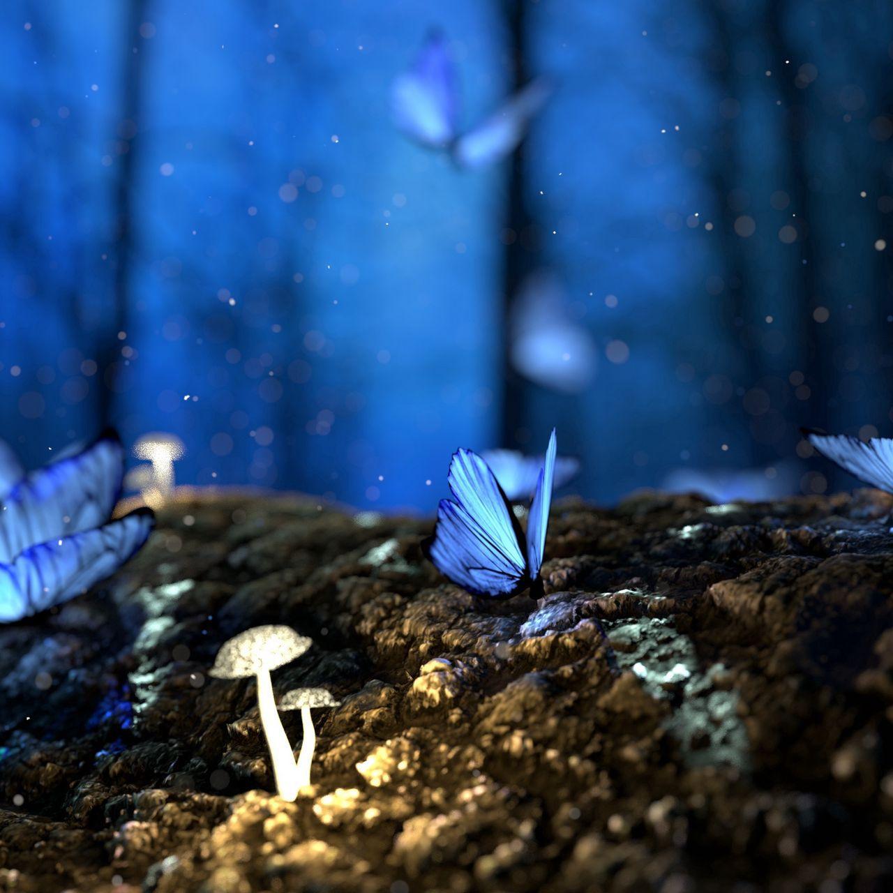 1280x1280 Download wallpaper 1280x1280 butterflies, mushrooms, forest, fantasy, blue ipad, ipad ipad mini for parallax HD background