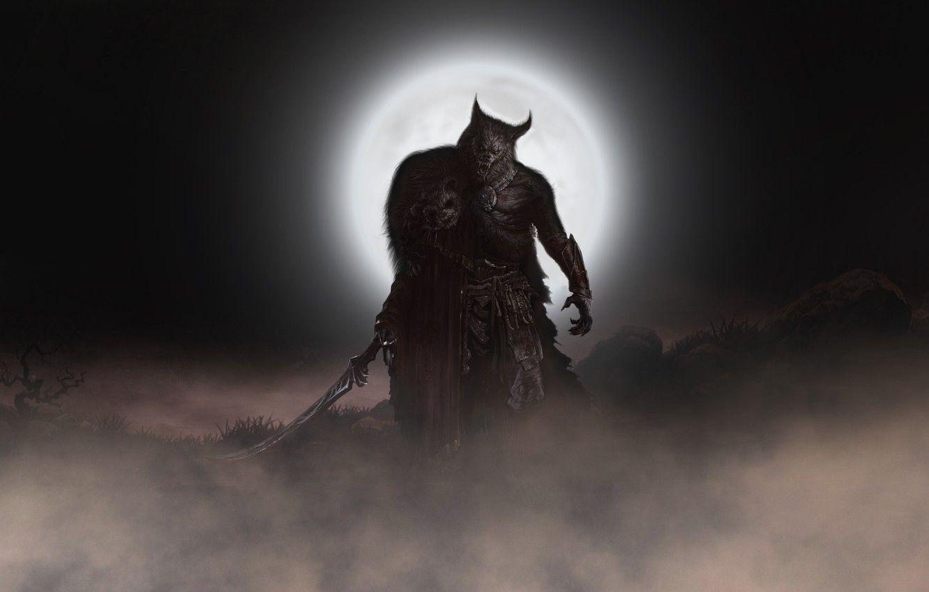 1332x850 Wallpaper Night, The moon, Sword, Wolf, Moon, Darkness, Fantasy, Werewolf, Horror, Darkness, Night, Fiction, Wolf, Horror, Werewolf, Monster Hunter image for desktop, section фантастика