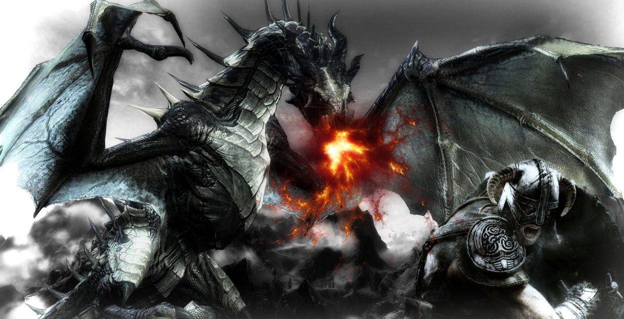 1250x639 Skyrim wallpaper dragon fight