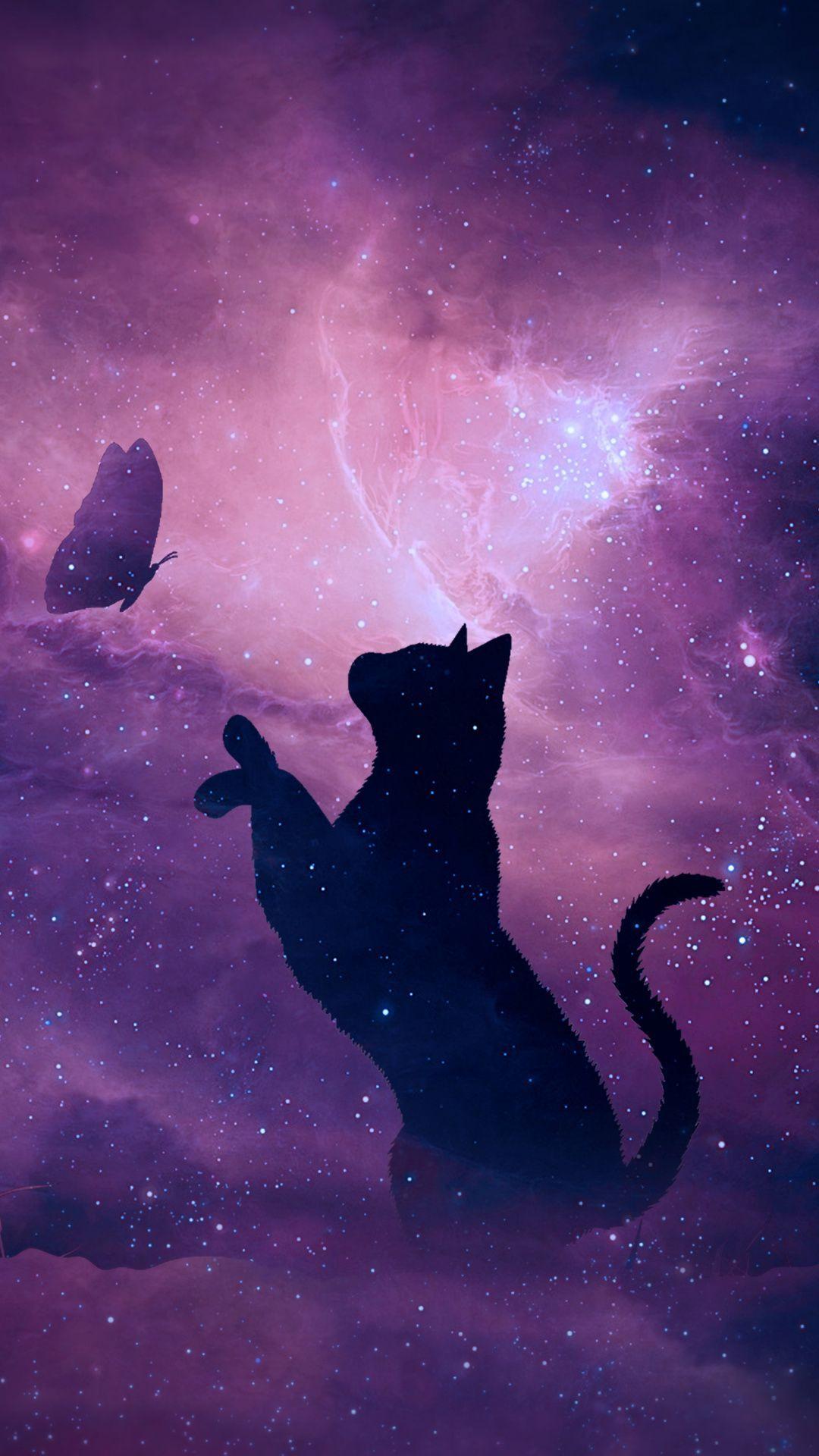 1080x1920 Wallpaper black cat, silhouette, cat, art, violet. Black cat anime, Cat wallpaper, Cat background