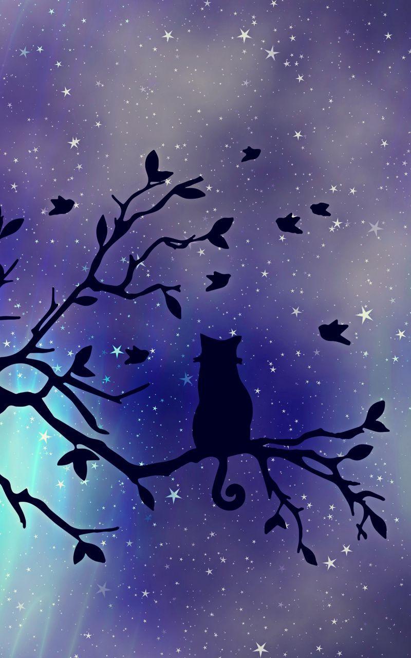 800x1280 Download Wallpaper 800x1280 Cat, Silhouette, Starry Sky, Branch, Art Samsung Galaxy Note Gt N Meizu Mx2 HD Background