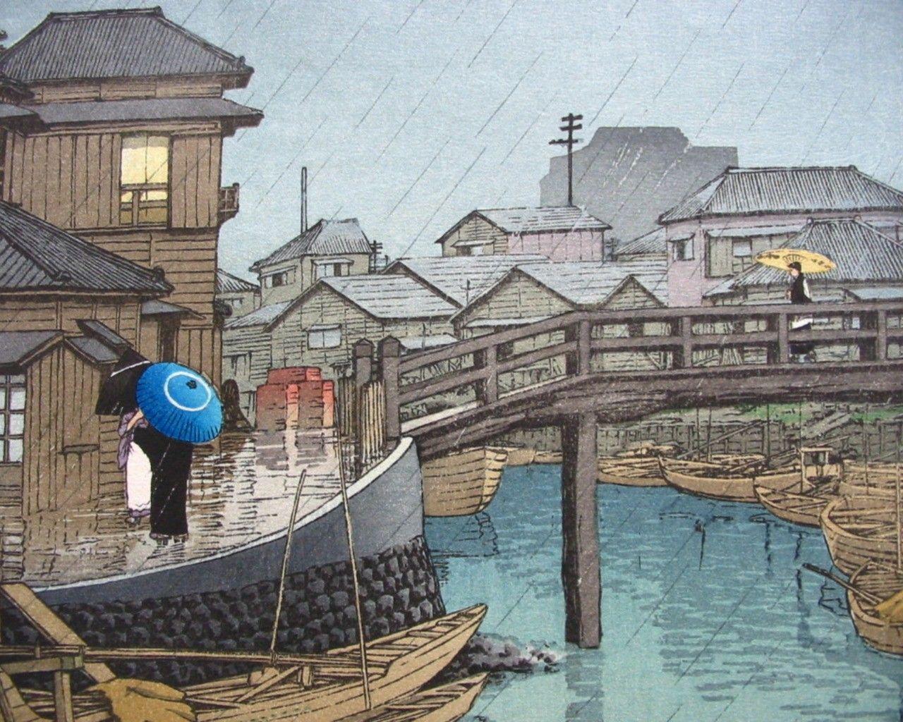 1280x1024 Other: Kawase Hasui Bridge Town Japan Old Woodblock Print Landscape