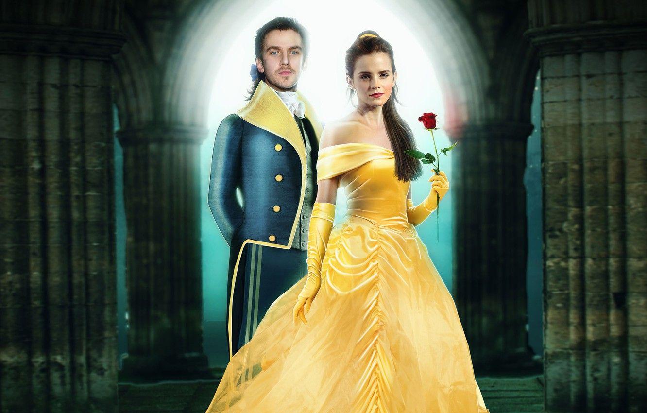 1332x850 Wallpaper rose, fantasy, hairstyle, costume, gloves, beauty, Emma Watson, Emma Watson, red, poster, Beauty and the Beast, Belle, Beauty and the beast, yellow dress, Dan Stevens, Prince Adam image for desktop, section
