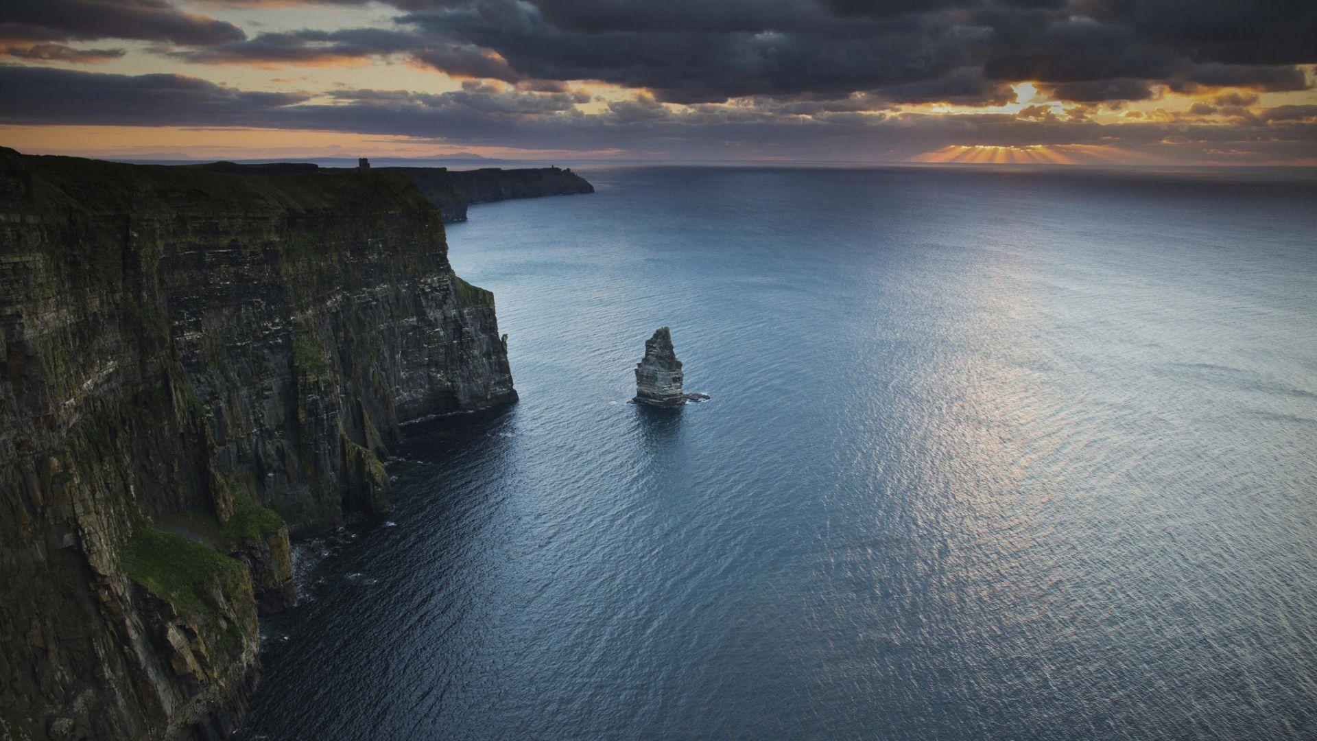 1920x1080 Download Wallpaper 1920x1080 cliffs of moher, ireland, atlantic ocean, cliffs, sunset, water surface, ocean, coast Full HD 1080p HD Background