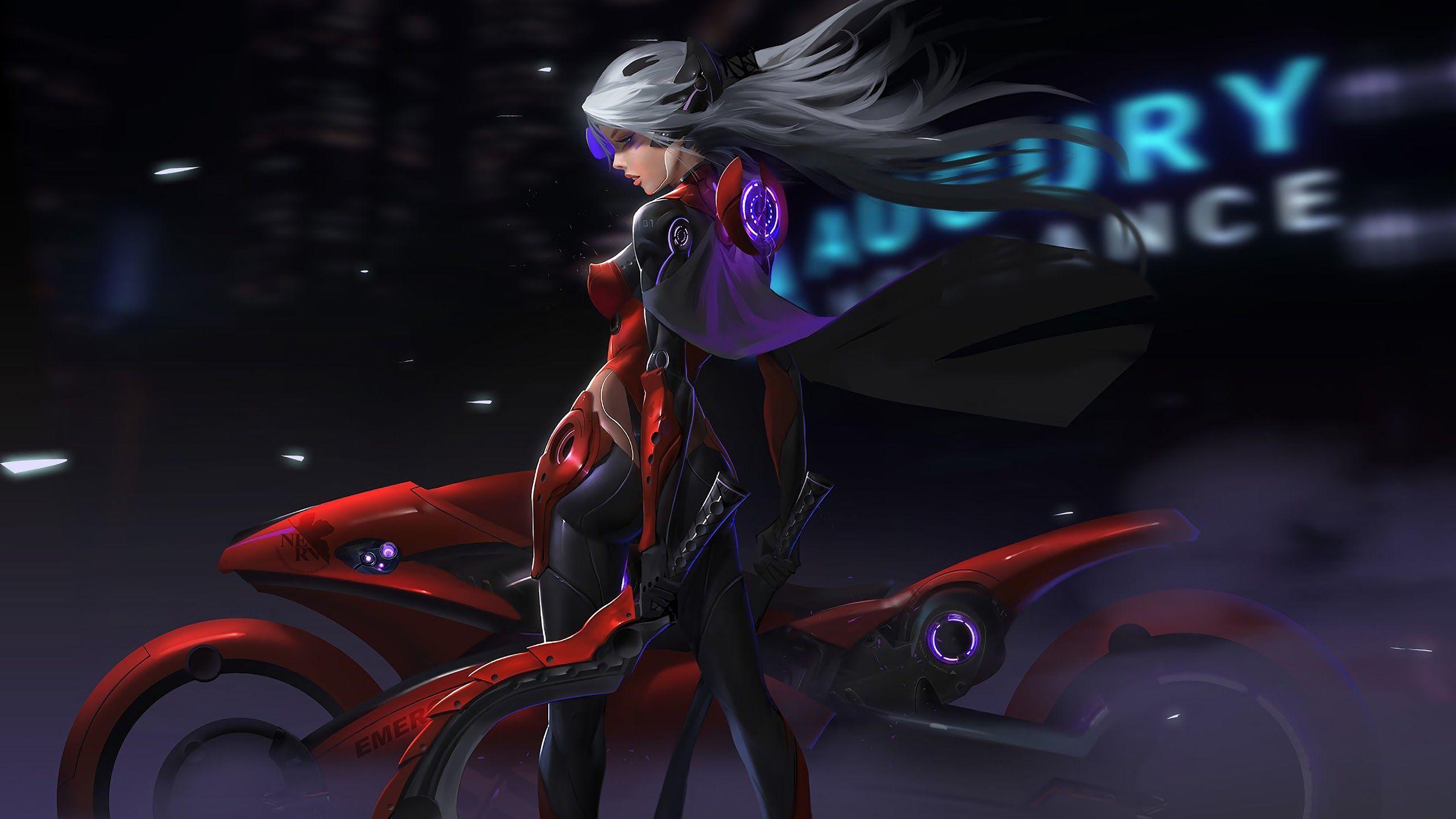 2560x1440 Sci Fi Girl Warrior Cyberpunk Motorcycle 4K Wallpaper