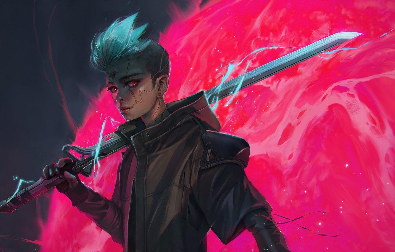 1332x850 Wallpaper Sword, Fantasy, Robot, Weapon, Science Fiction, Red Eyes, Sci Fi, Digital Art, Artwork, Warrior, Fantasy Art, Cyberpunk Image For Desktop, Section фантастика