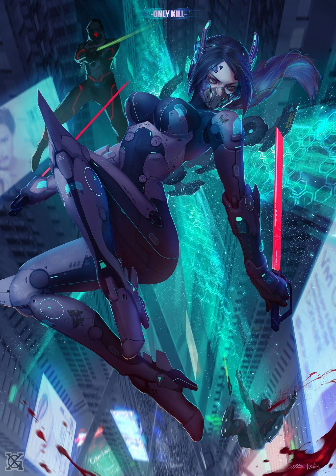 1357x1920 #anime girls, #warrior, #blood, #cyberpunk, wallpaper. Mocah.org HD Desktop Wallpaper