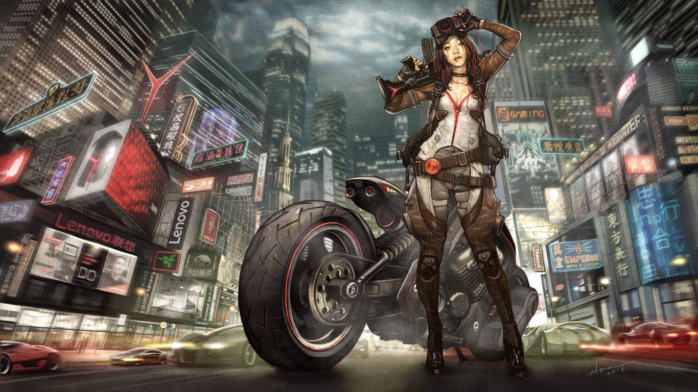 1366x768 Cyberpunk Art Warrior Girl HD Wallpaper