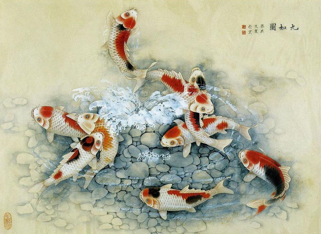1049x764 nine fishes. Chinese art painting, Chinese art, Japanese artwork