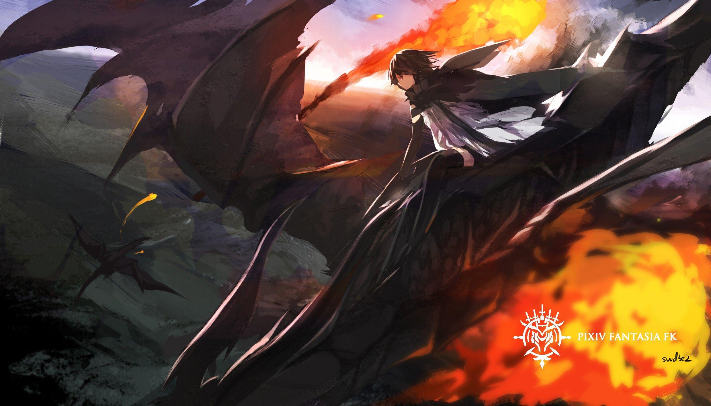 2480x1417 #Paradise (pffk), #anime Girls, #swd3e #Pixiv Fantasia, #original Characters, #dragon, #black Hair, #red Eyes, #gloves, #thigh Highs, #long Hair, Wallpaper. Mocah.org HD Wallpaper