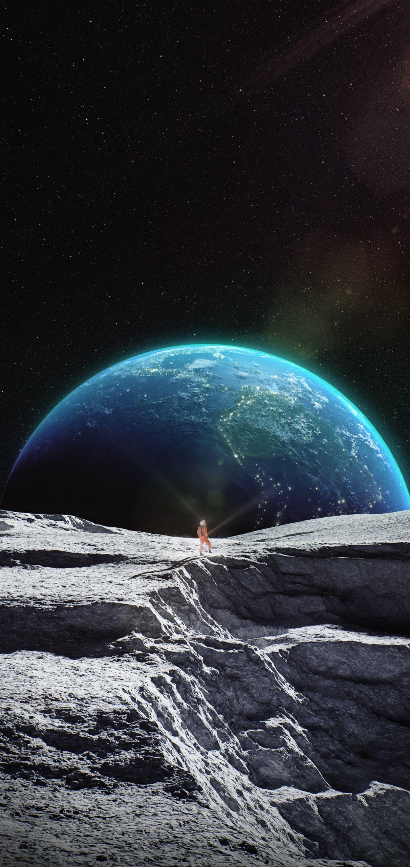 1440x3040 Download 1440x3040 Moon Surface, Astronaut, Earth, Galaxy, Stars Wallpaper for Samsung Galaxy S10 Plus