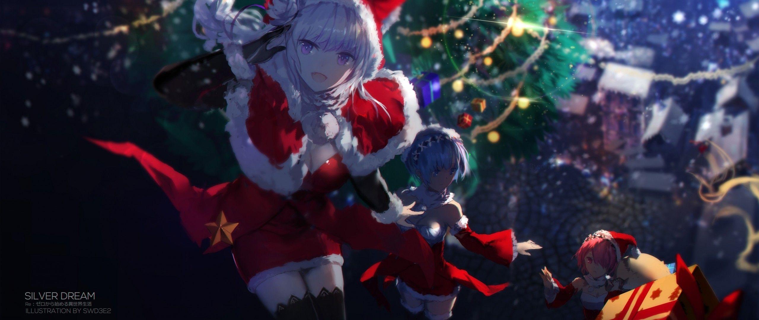 2560x1080 Download 2560x1080 Re: Zero, Christmas, Emilia, Rem, Ram, Smiling, Santa Costume Wallpaper