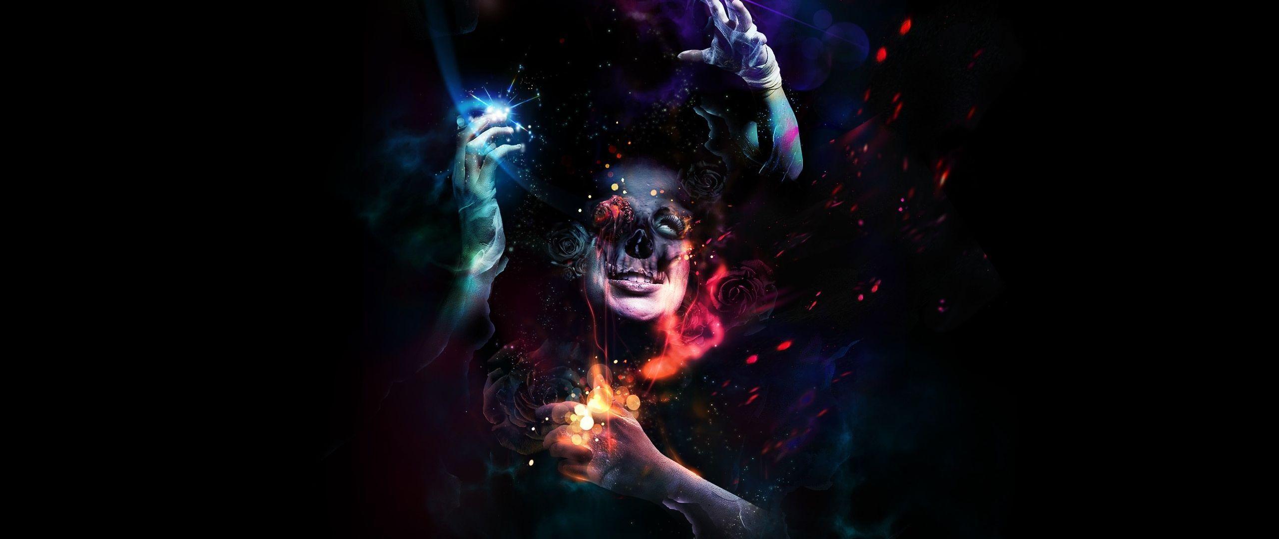2560x1080 Download Wallpaper 2560x1080 Man, Hands, Horror, Colorful, Dark, Skull, Dressings 2560x1080 21:9 TV HD Background. Psychedelic, Fantasy art, HD wallpaper