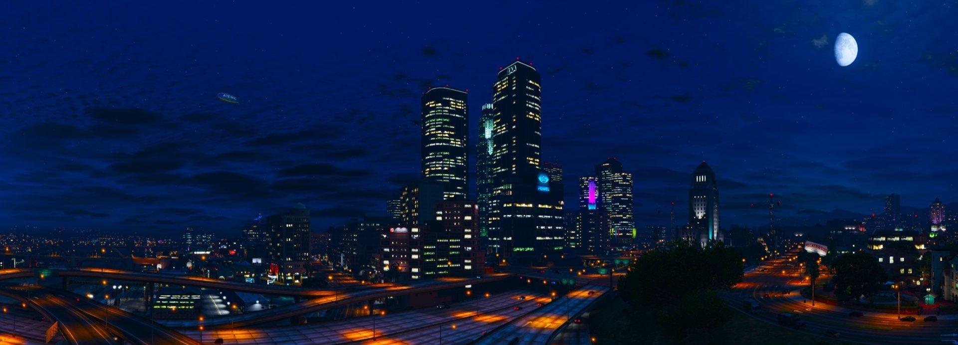 1920x692 Grand Theft Auto Grand Theft Auto V #City Los Santos #Moon #Night #Sky #Skyscraper P #wallpaper #hdwallpaper #desktop. Grand theft auto, HD wallpaper, Grands