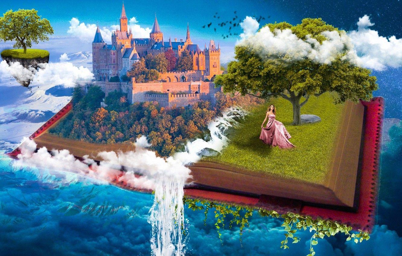 1332x850 Wallpaper the sky, water, girl, clouds, castle, fantasy, tree, collage, the universe, heaven, Paradise, waterfall, tale, fantasy, art, Princess image for desktop, section фантастика