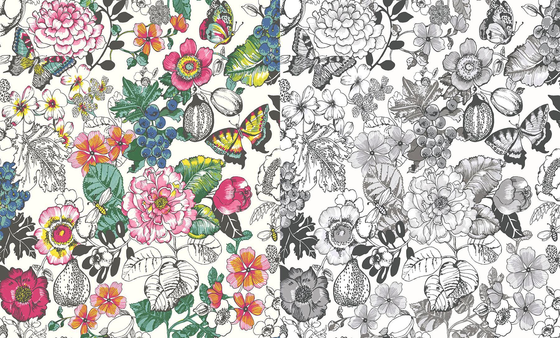 1800x1088 Butterflies Leaf Floral Glitter Wallpaper Black White Pink Green Blue Paste Wall