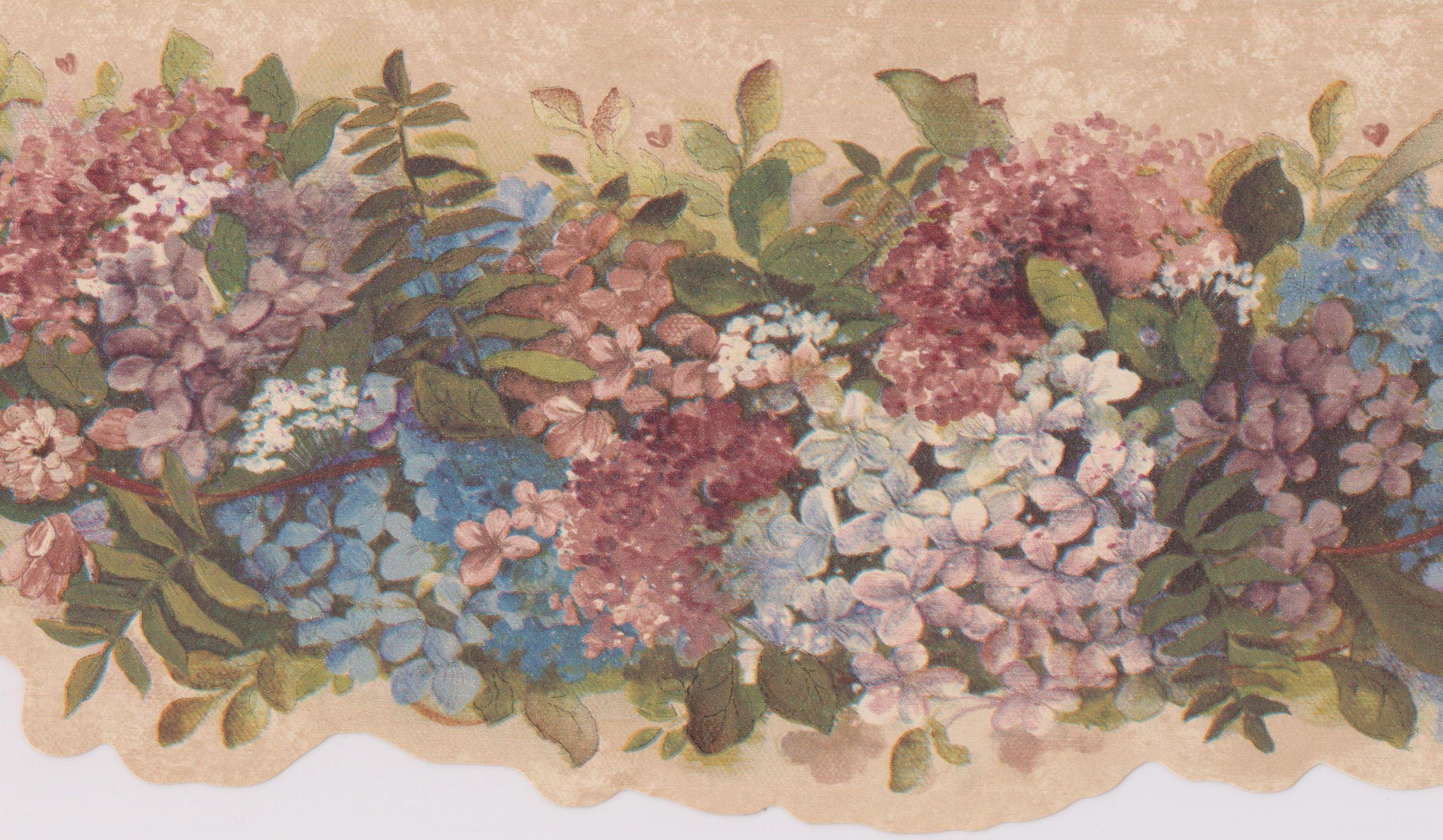 3235x1884 Blue Pink White Flowers on Vine Beige Floral Wallpaper Border Retro Design, Roll 15' x 6.5''