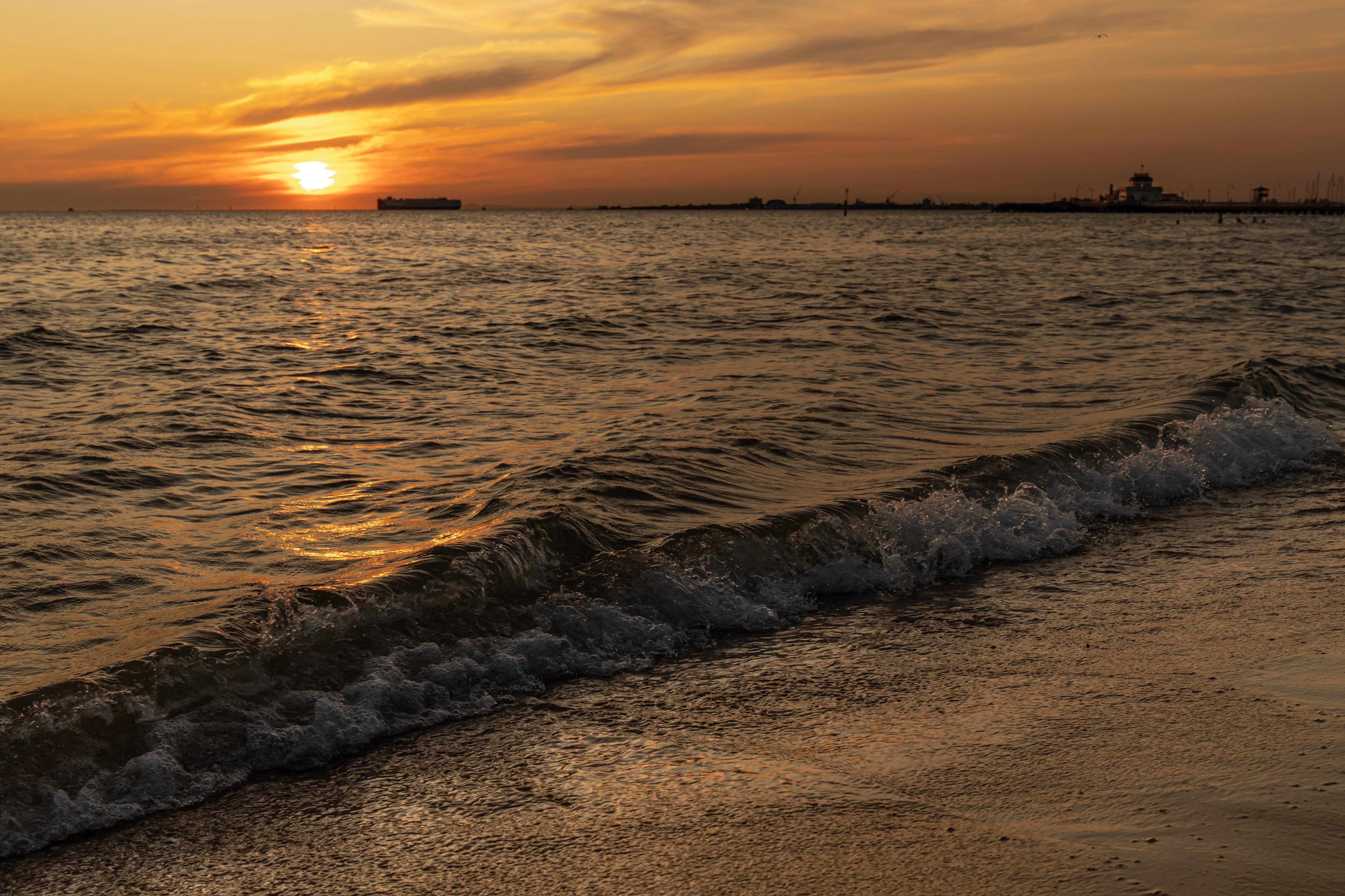 6086x4057 wallpaper sunset, ocean, waves, beach, surf HD : Widescreen : High Definition