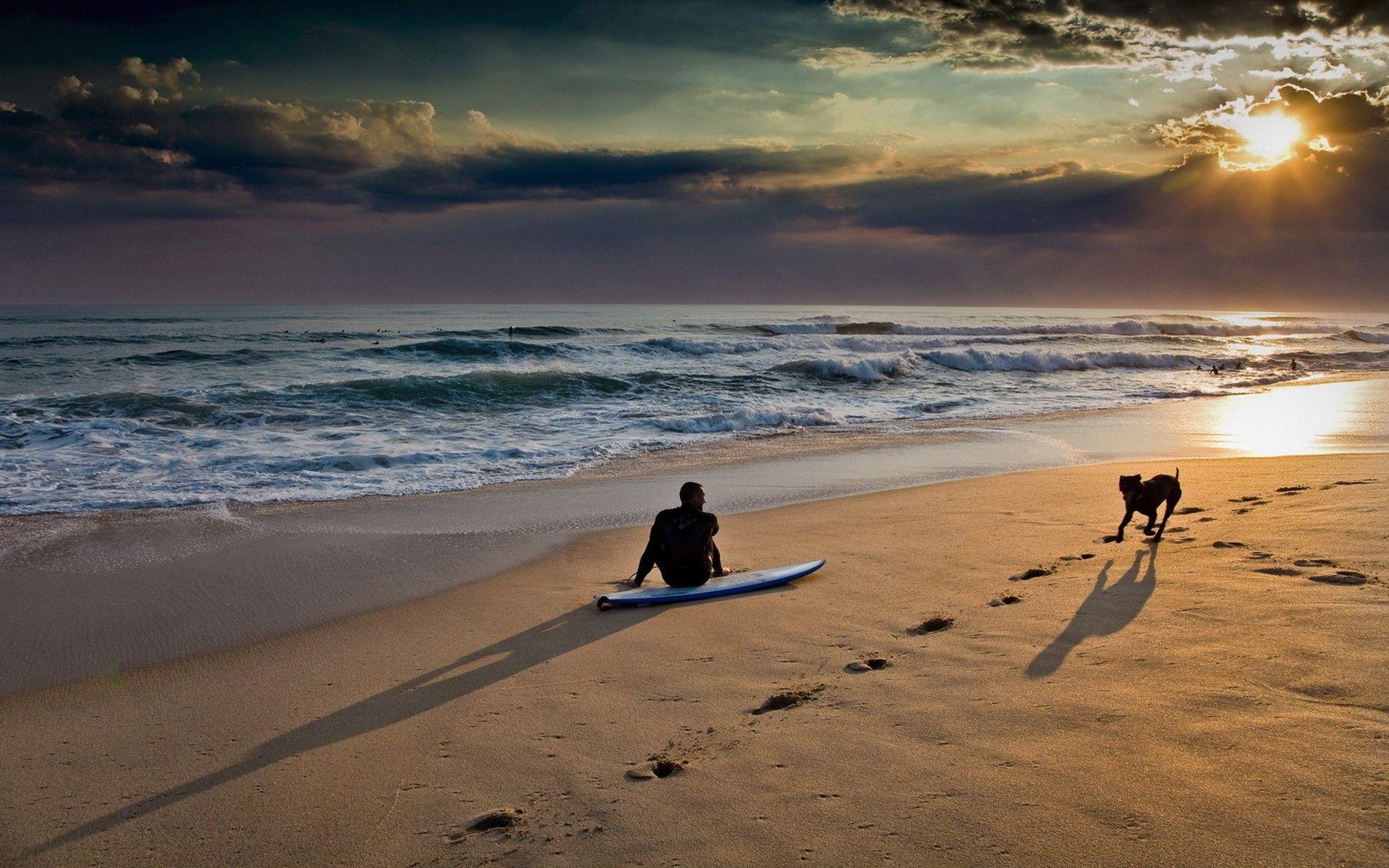 1920x1200 sunset, Nature, Beach, Sea, Waves, Dogs, Surfing, People, Pets Wallpaper HD / Desktop and Mobile Background